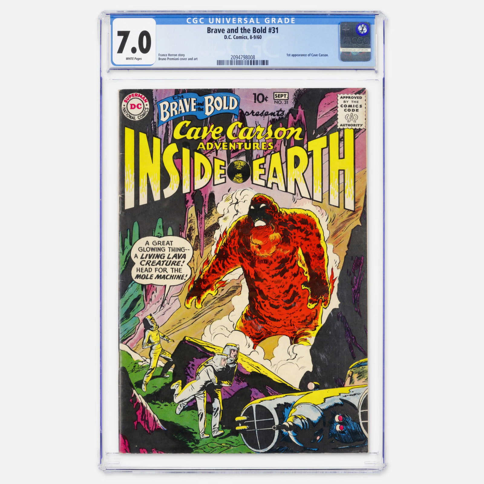 DC Comics Brave and the Bold #31 CGC 7.0: DC Comics Brave and the Bold #31 CGC 7.0 USA, 1960 This Silver Age anthology features the first appearance of Cave Carson. The creative team includes a France Herron story and Bruno Premiani cover and