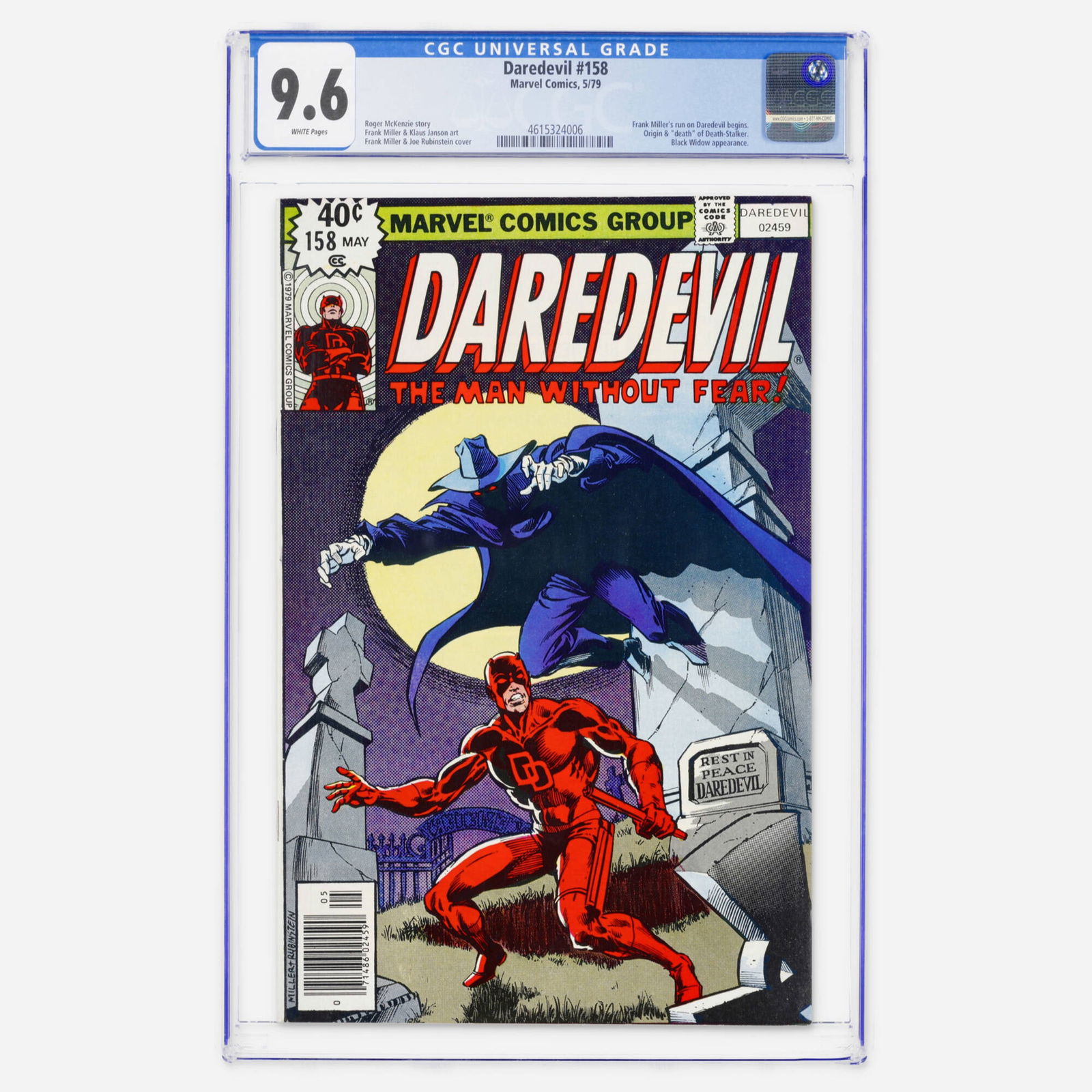 Marvel Comics Daredevil #158 CGC 9.6: Marvel Comics Daredevil #158 CGC 9.6 USA, 1979 This Bronze Age milestone marks the moment Frank Miller's run on Daredevil begins. The issue features the origin and death of Death-Stalker and a Black W