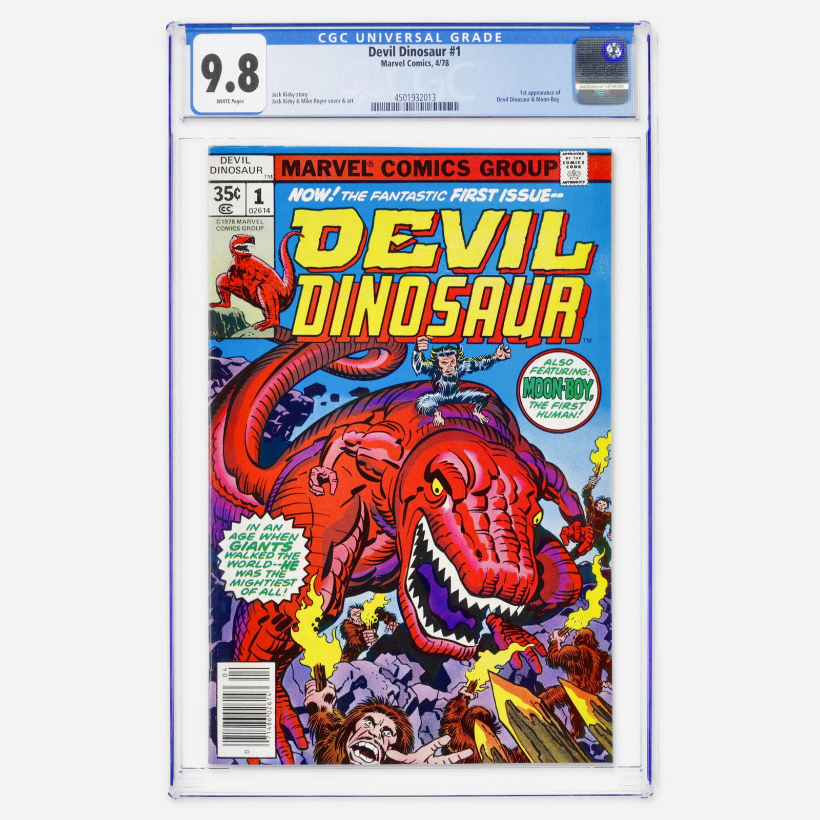 Marvel Comics Devil Dinosaur #1 CGC 9.8: Marvel Comics Devil Dinosaur #1 CGC 9.8 USA, 1978 This Bronze Age debut features the first appearance of Devil Dinosaur and Moon-Boy. This vibrant series was entirely envisioned by Jack Kirby story wi