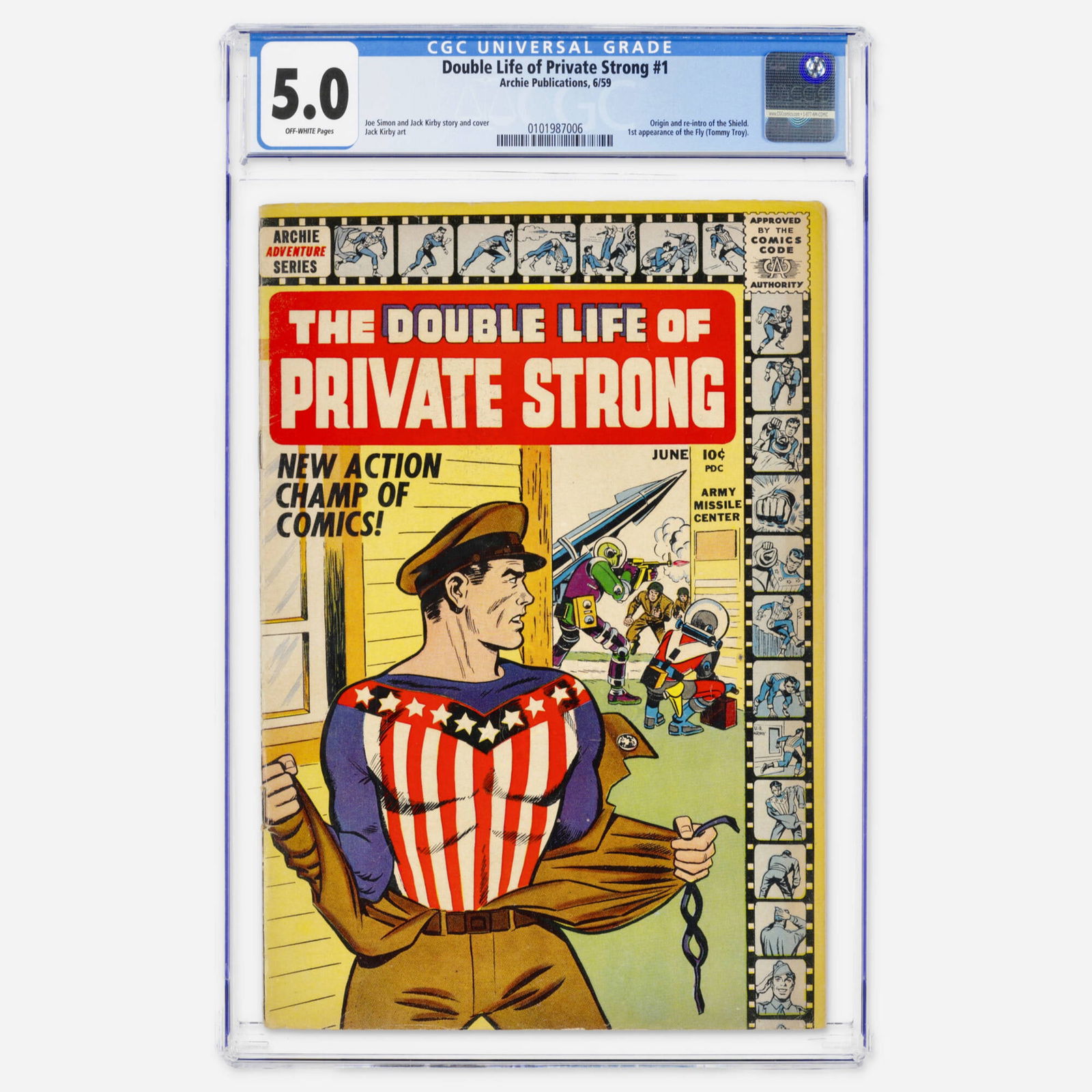Archie Publications Double Life of Private Strong #1 CGC 5.0: Archie Publications Double Life of Private Strong #1 CGC 5.0 USA, 1959 This Silver Age key features the origin and re-intro of the Shield and the first appearance of the Fly (Tommy Troy). The book