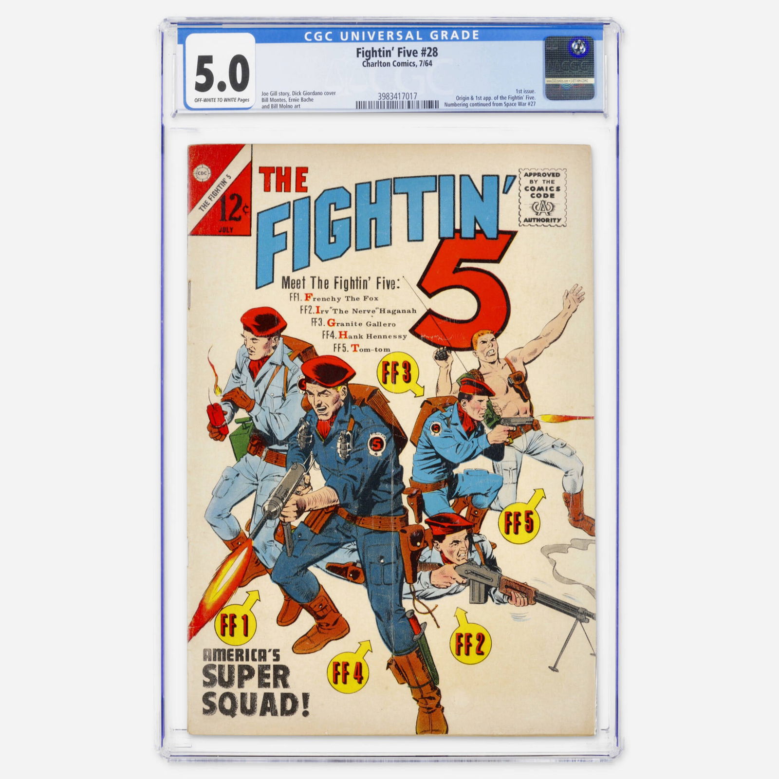 Charlton Comics Fightin' Five #28 CGC 5.0: Charlton Comics Fightin' Five #28 CGC 5.0 USA, 1964 This Silver Age first issue contains first appearance and origin of the Fightin' Five, with numbering continued from Space War #27. It features a Jo