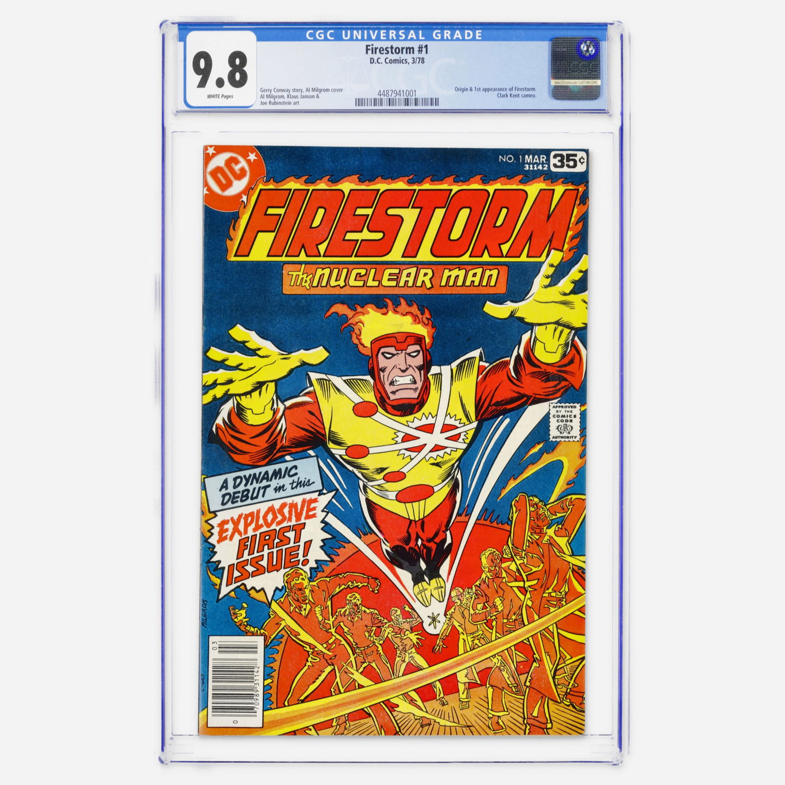 DC Comics Firestorm #1 CGC 9.8: DC Comics Firestorm #1 CGC 9.8 USA, 1978 This Bronze Age debut features the first appearance and origin of Firestorm and a Clark Kent cameo. The creative team includes a Gerry Conway story, Al Milgrom