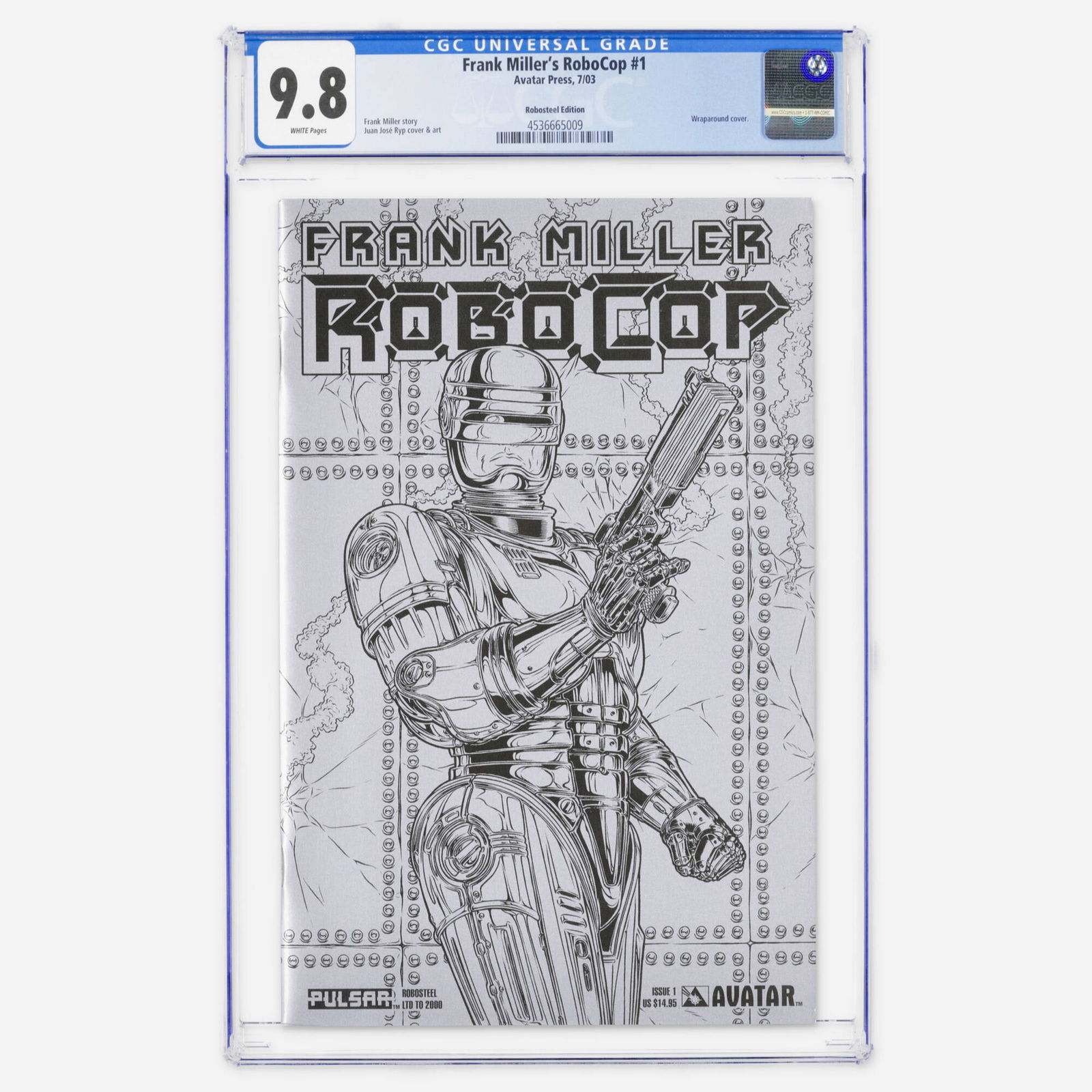Avatar Press Frank Miller's RoboCop #1 CGC 9.8 Robosteel Edition: Avatar Press Frank Miller's RoboCop #1 CGC 9.8 Robosteel Edition USA, 2003 This Modern Age Robosteel variant features a Frank Miller story and a Juan Jose Ryp cover and art. The book includes a