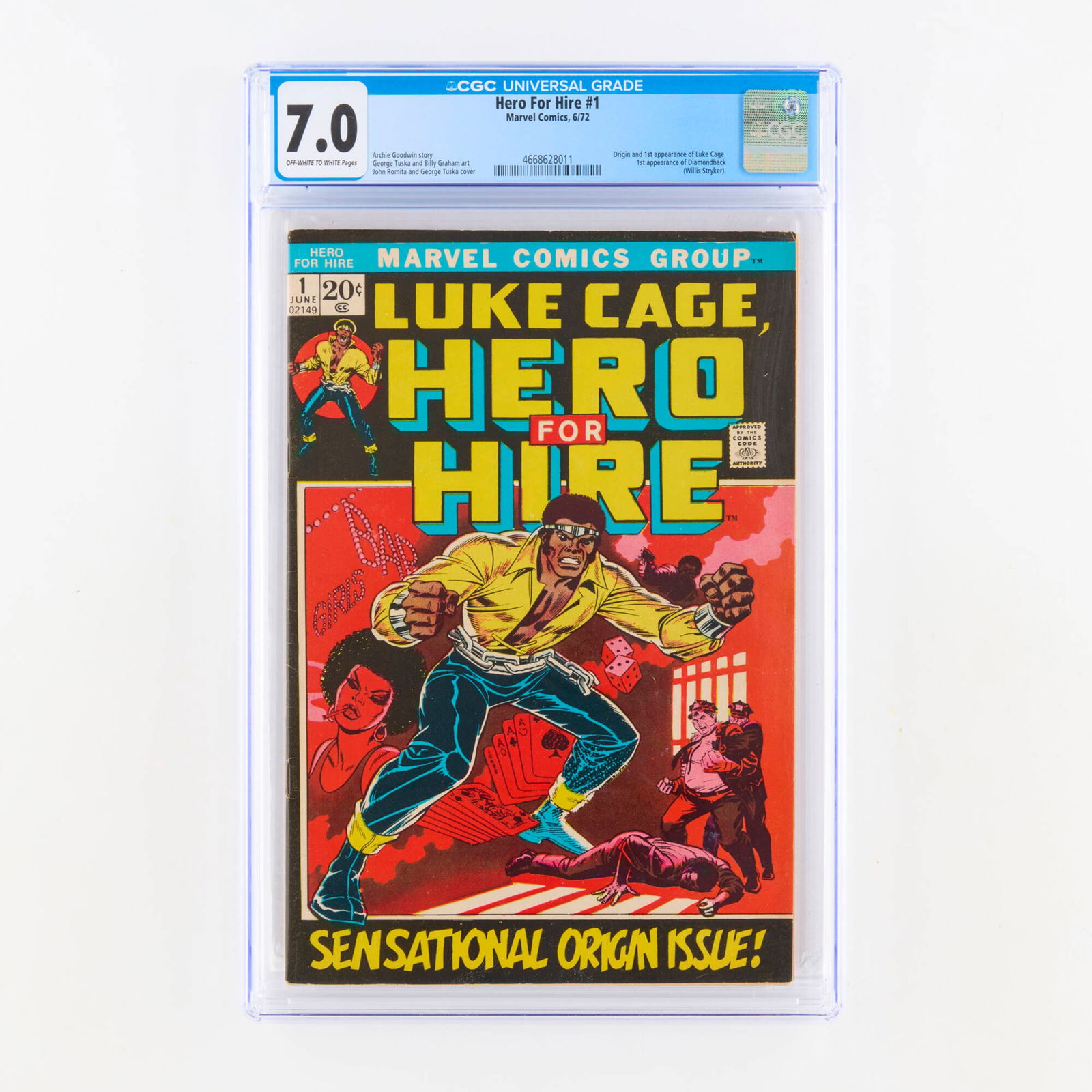 Marvel Comics Hero For Hire #1 CGC 7.0: Marvel Comics Hero For Hire #1 CGC 7.0 USA, 1972 Issue features the first appearance and origin of Luke Cage, and the first appearance of Diamondback (Willis Stryker). Story by Archie Goodwin, art by