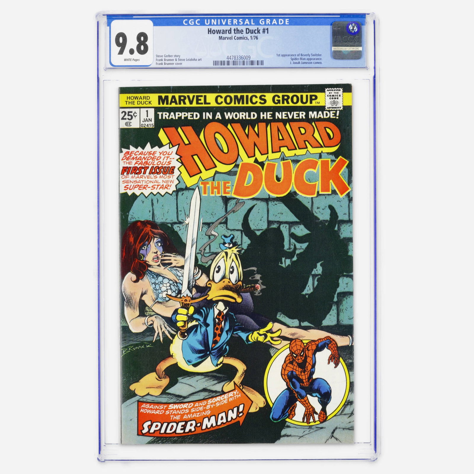 Marvel Comics Howard the Duck #1 CGC 9.8: Marvel Comics Howard the Duck #1 CGC 9.8 USA, 1976 This Bronze Age landmark features the first appearance of Beverly Switzler, a Spider-Man appearance, and a J. Jonah Jameson cameo. The issue features
