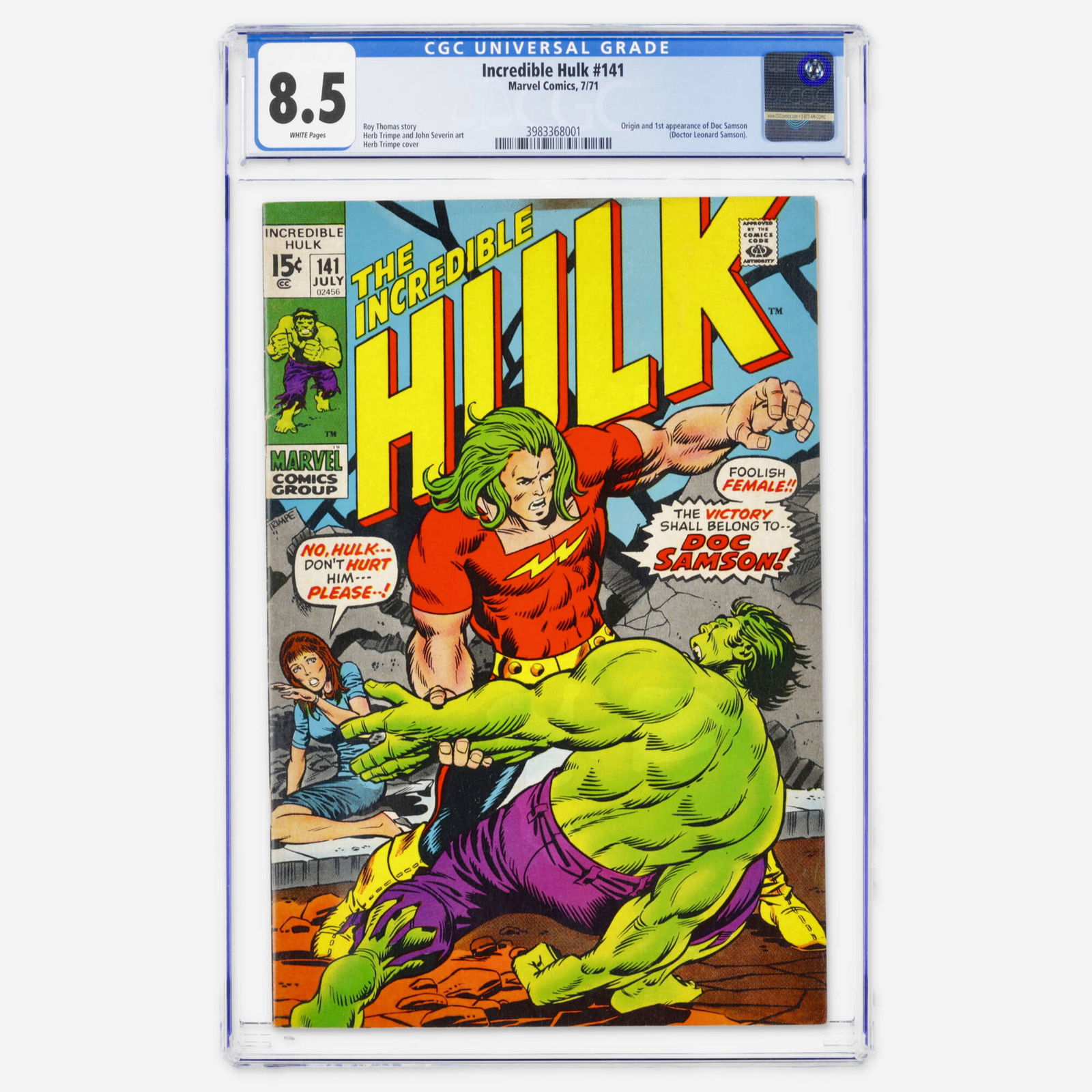 Marvel Comics Incredible Hulk #141 CGC 8.5: Marvel Comics Incredible Hulk #141 CGC 8.5 USA, 1971 This Bronze Age classic presents the first appearance and origin of Doc Samson (Doctor Leonard Samson). It features a Roy Thomas story, Herb Trimpe
