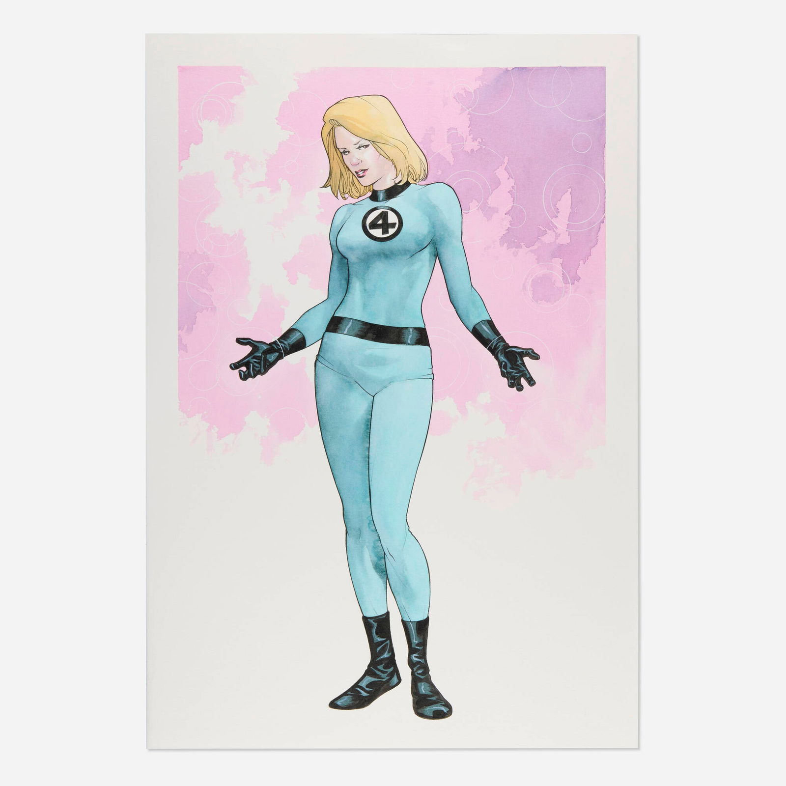Mike McKone, Invisible Woman (Sue Richards) Color Illustration (Marvel Comics): Mike McKone Invisible Woman (Sue Richards) Color Illustration (Marvel Comics) pencil, ink, and watercolor on Bristol 16 h x 11 w in (41 x 28 cm) This work will ship from Millville, Massachusetts.