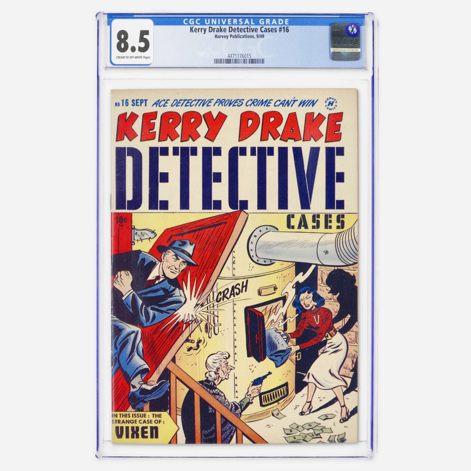 Harvey Publications Kerry Drake Detective Cases #16 CGC 8.5: Harvey Publications Kerry Drake Detective Cases #16 CGC 8.5 USA, 1949 This Golden Age crime comic from Harvey Publications presents as a high-grade survivor of the late 1940s detective genre. CGC#: