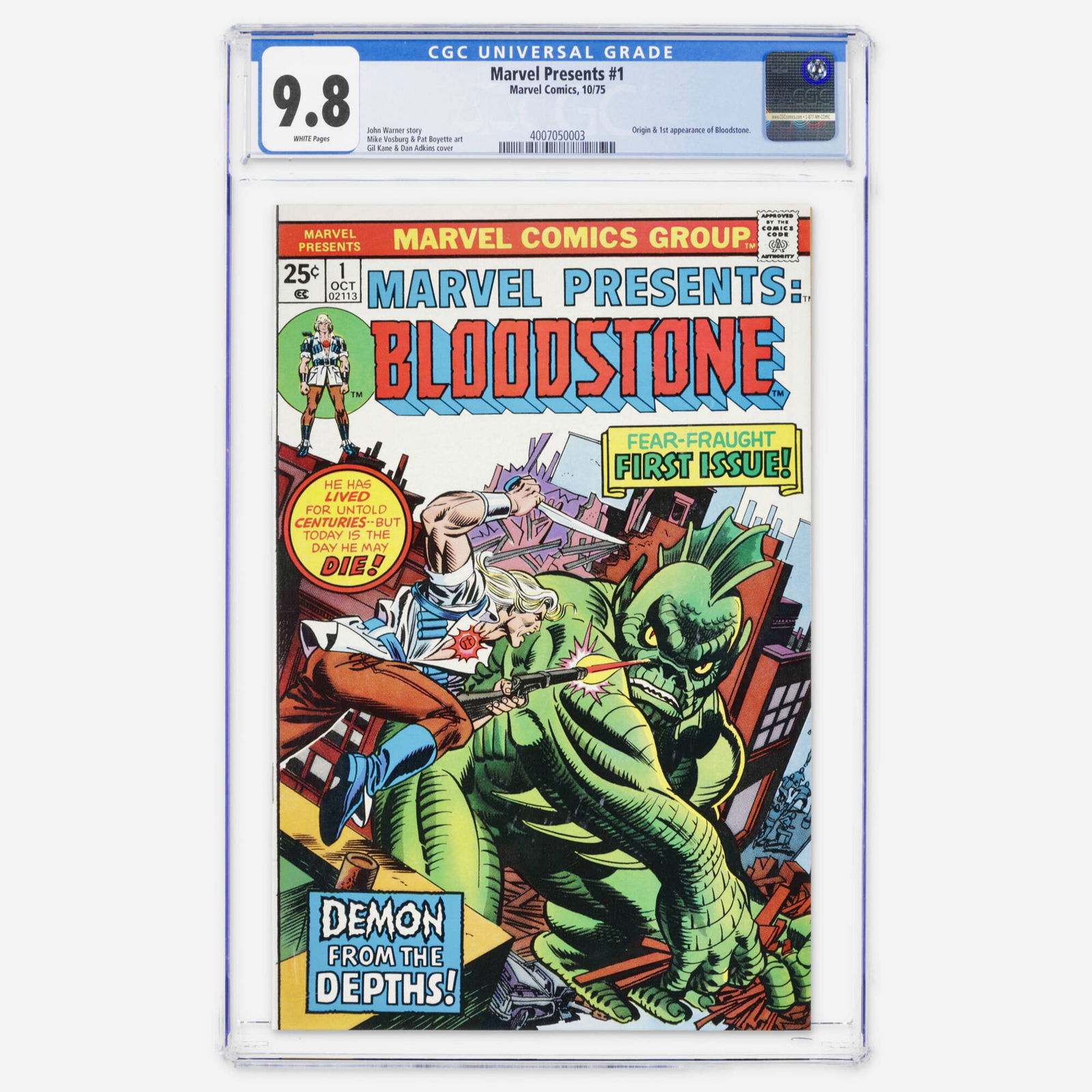 Marvel Comics Marvel Presents #1 CGC 9.8: Marvel Comics Marvel Presents #1 CGC 9.8 USA, 1975 This Bronze Age premiere marks the first appearance and origin of Bloodstone (Ulysses Bloodstone). Story by John Warner with Mike Vosburg art and a G