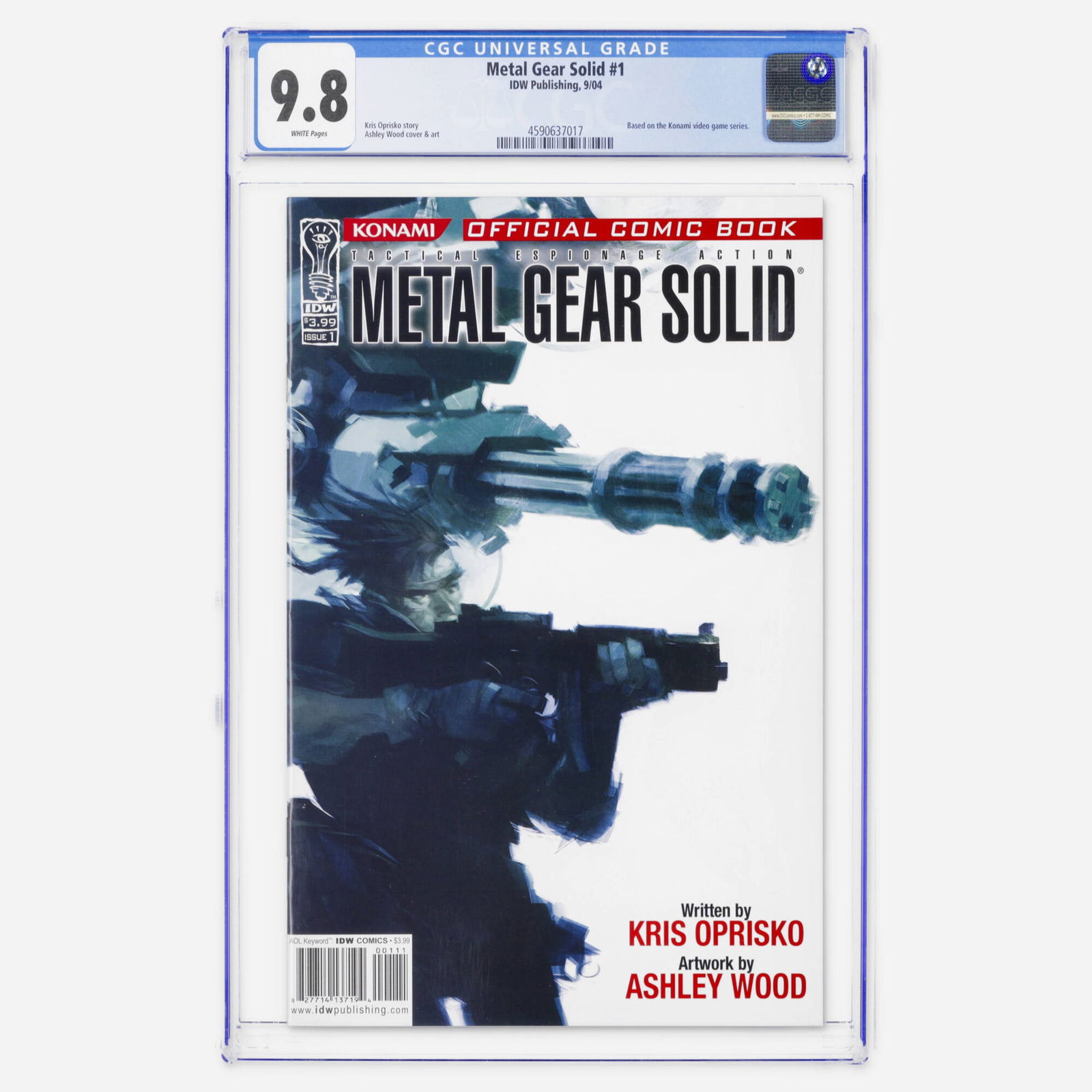 IDW Publishing Metal Gear Solid #1 CGC 9.8: IDW Publishing Metal Gear Solid #1 CGC 9.8 USA, 2004 Based on the legendary Konami video game series, this Modern Age debut features the stylized Ashley Wood cover and art and a Kris Oprisko story. CG