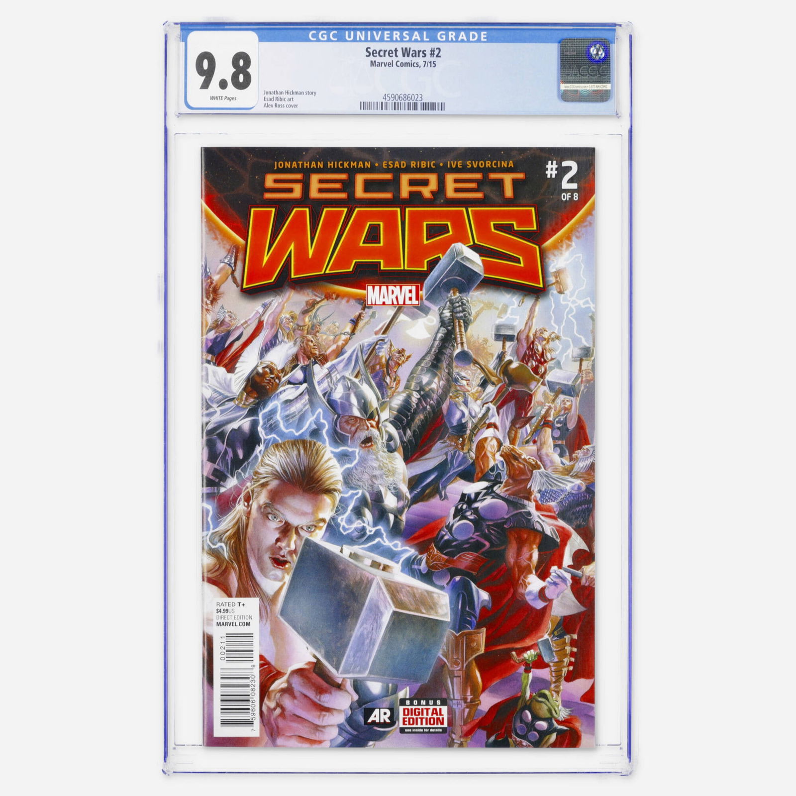 Marvel Comics Secret Wars #2 CGC 9.8: Marvel Comics Secret Wars #2 CGC 9.8 USA, 2015 This Modern Age epic features a Jonathan Hickman story, Esad Ribic art, and a stunning Alex Ross cover. CGC#: 4590686023 Population: