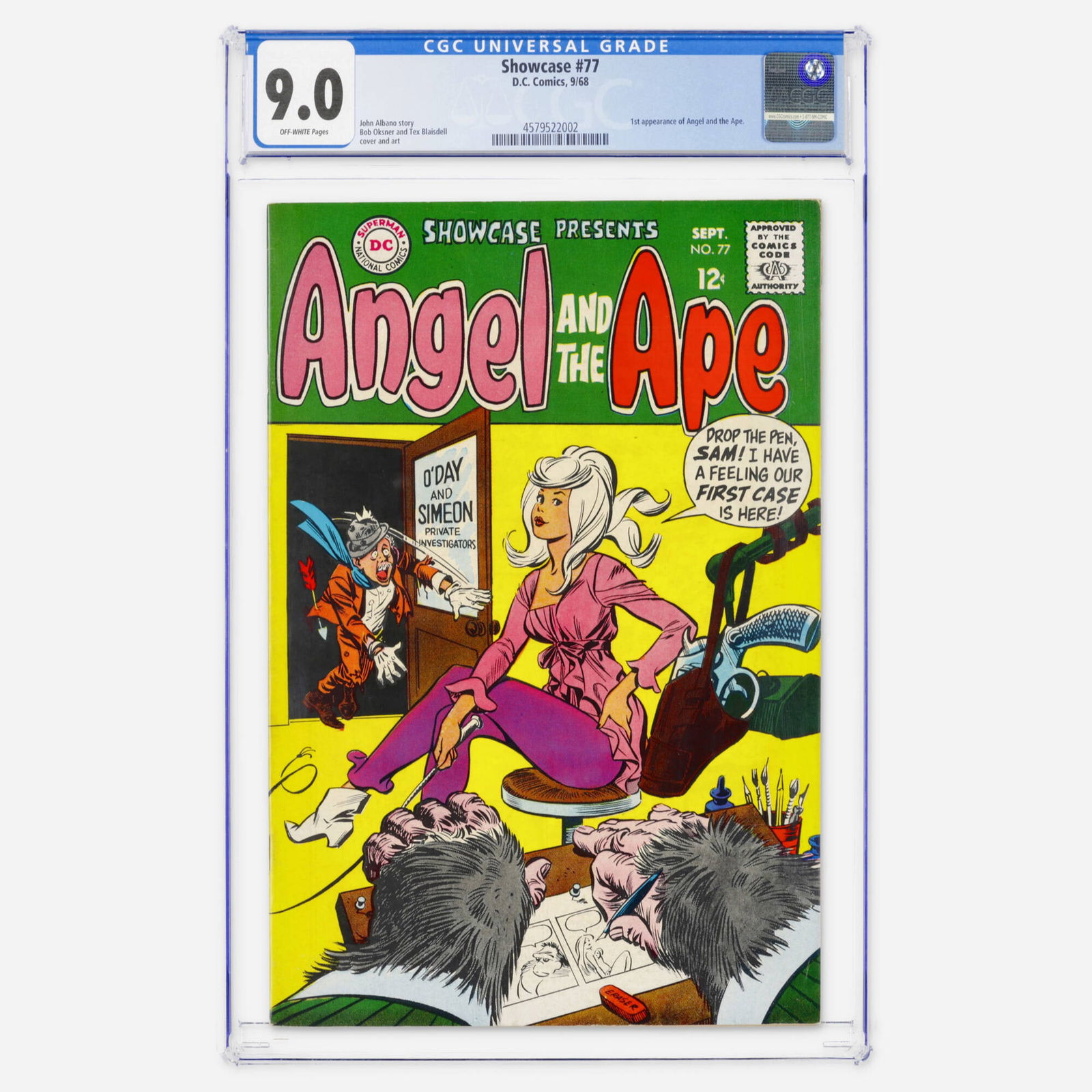 DC Comics Showcase #77 CGC 9.0: DC Comics Showcase #77 CGC 9.0 USA, 1968 This Silver Age curiosity features the first appearance of Angel and the Ape. Written by John Albano with Bob Oksner and Tex Blaisdell cover and art. CGC#: