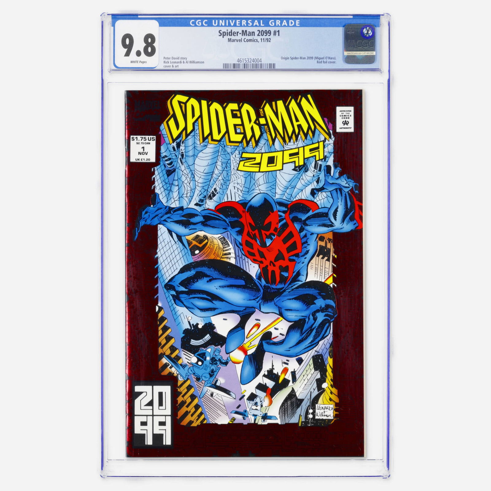 Marvel Comics Spider-Man 2099 #1 CGC 9.8: Marvel Comics Spider-Man 2099 #1 CGC 9.8 USA, 1992 This Modern Age key features the origin of Spider-Man 2099 (Miguel O'Hara) and a distinctive red foil cover. Written by Peter David with Rick Leonard
