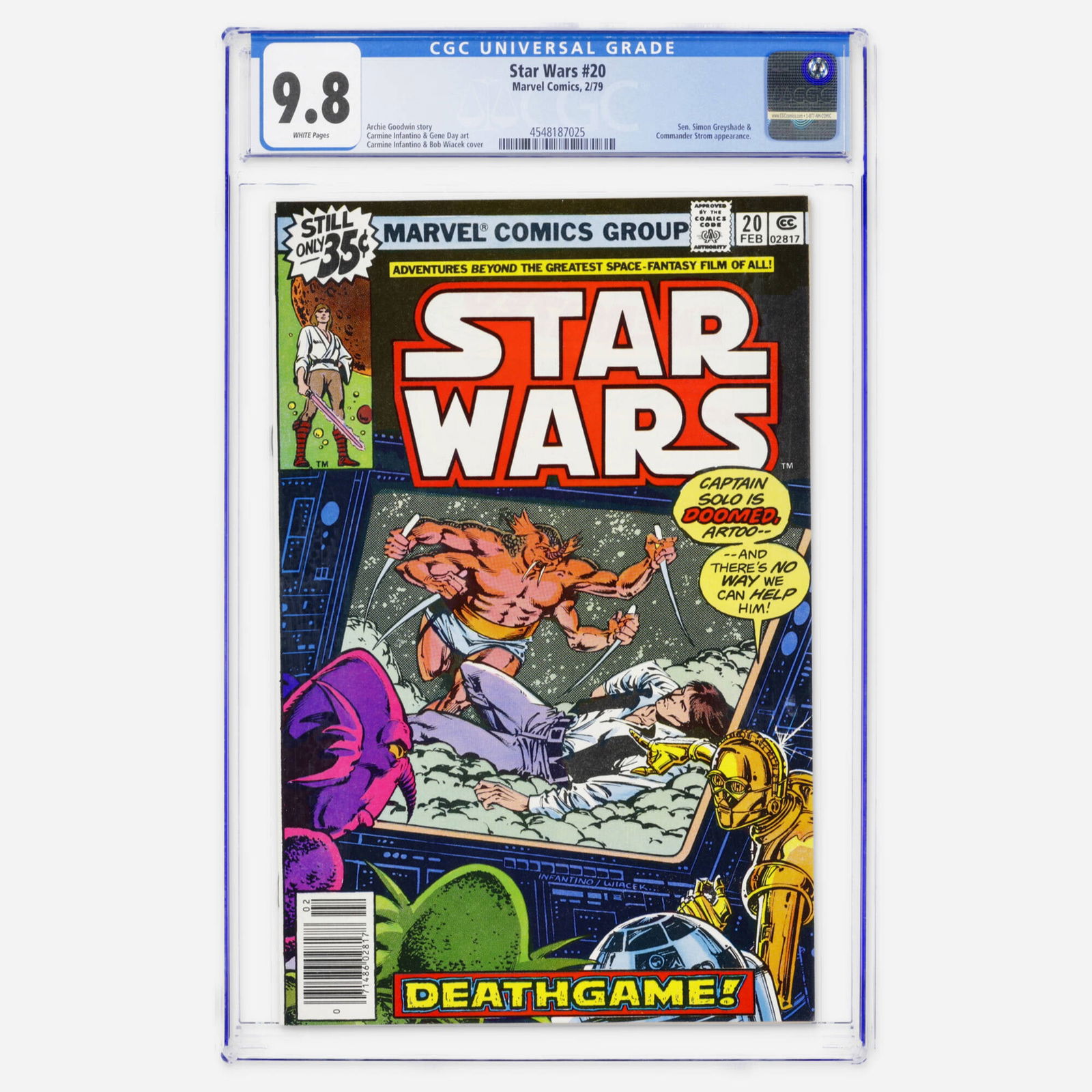 Marvel Comics Star Wars #20 CGC 9.8: Marvel Comics Star Wars #20 CGC 9.8 USA, 1979 This Bronze Age issue features Senator Simon Greyshade and Commander Strom appearances. Written by Archie Goodwin with Carmine Infantino art. This