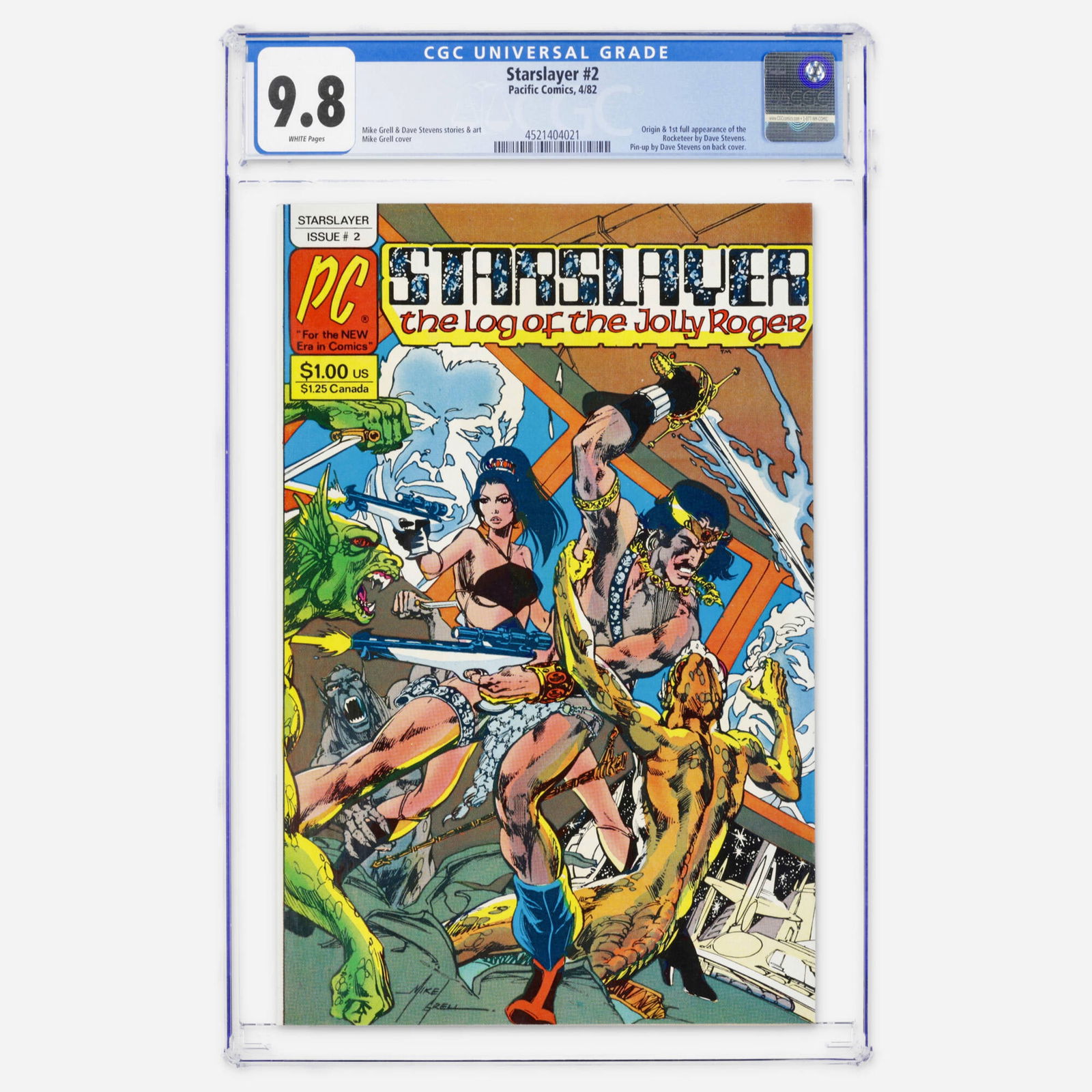 Pacific Comics Starslayer #2 CGC 9.8: Pacific Comics Starslayer #2 CGC 9.8 USA, 1982 This indie key features the first full appearance and origin of the Rocketeer by Dave Stevens, plus a pin-up by Dave Stevens on back cover. Also