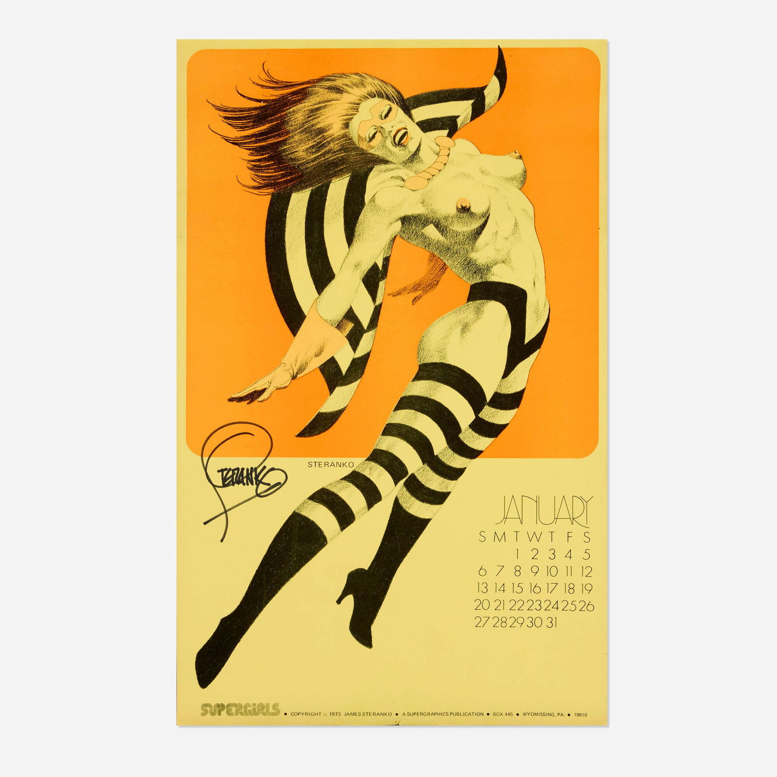 Jim Steranko, 1974 Jim Steranko 'Supergirls' Calendar: Jim Steranko 1974 Jim Steranko 'Supergirls' Calendar 17 h x 10.5 w in (43 x 27 cm) Condition Notes: Some wear along the edges and corners. Tanning on the back approximately 1/3 from the bottom.