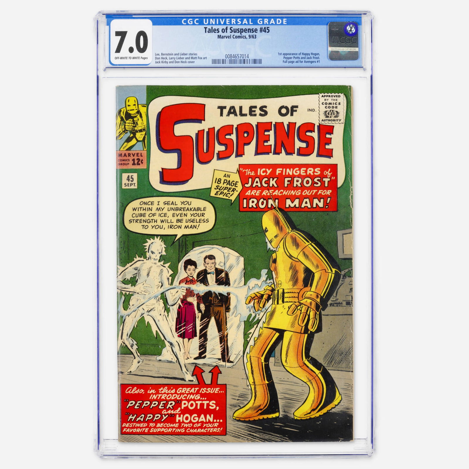 Marvel Comics Tales of Suspense #45 CGC 7.0: Marvel Comics Tales of Suspense #45 CGC 7.0 USA, 1963 This Silver Age key contains the first appearance of Happy Hogan, Pepper Potts and Jack Frost. Includes a full page ad for Avengers #1 and art