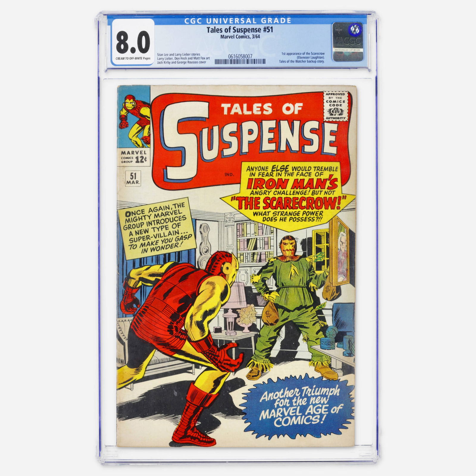 Marvel Comics Tales of Suspense #51 CGC 8.0: Marvel Comics Tales of Suspense #51 CGC 8.0 USA, 1964 This Silver Age issue features the first appearance of the Scarecrow (Ebenezer Laughton). Features Stan Lee and Larry Lieber stories with a