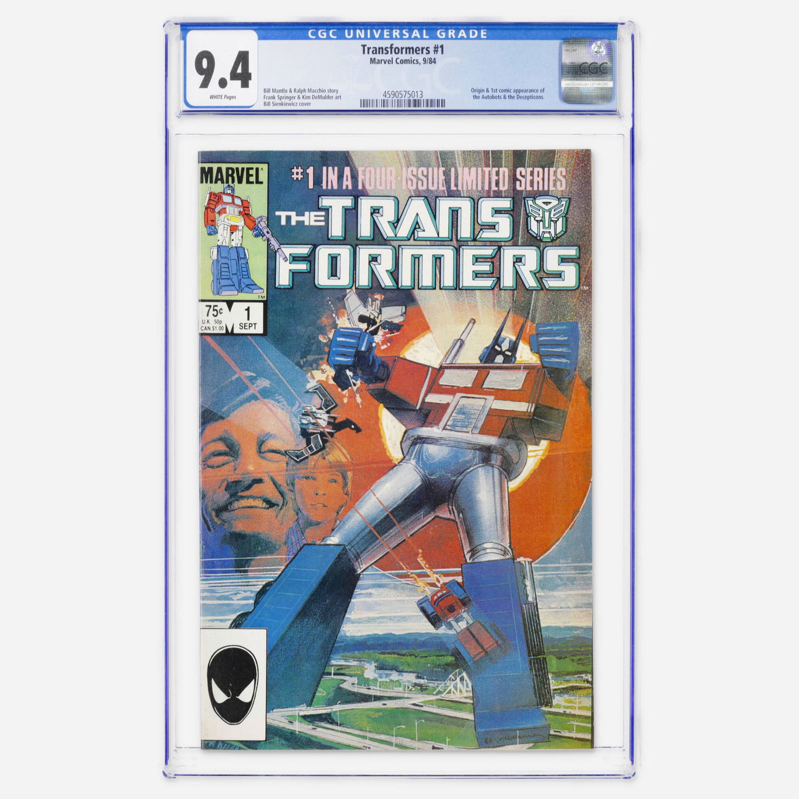 Marvel Comics Transformers #1 CGC 9.4: Marvel Comics Transformers #1 CGC 9.4 USA, 1984 This mega-key features the first comic appearance and orign of the Autobots and the Decepticons. Written by Bill Mantlo and Ralph Macchio with a