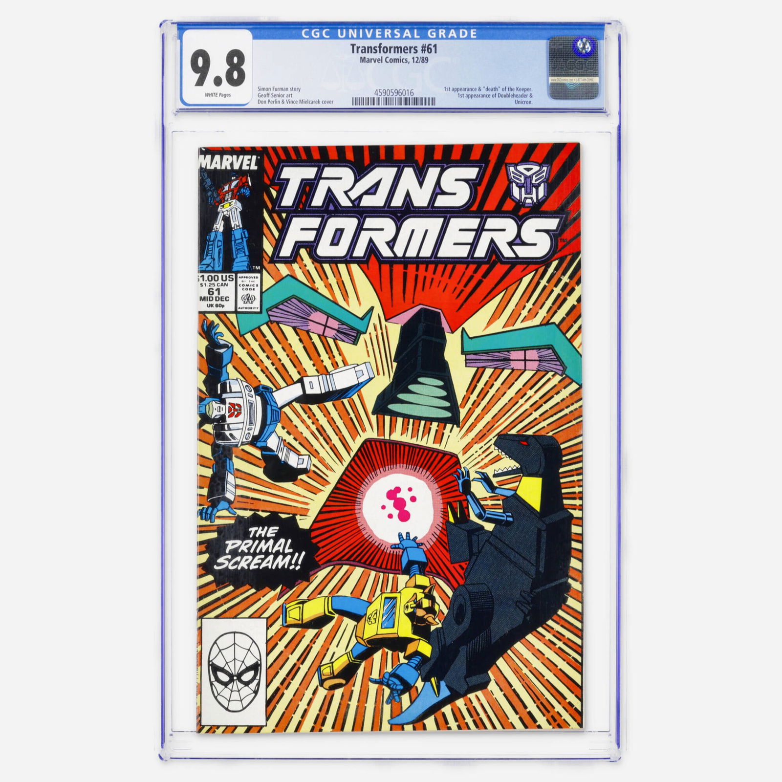 Marvel Comics Transformers #61 CGC 9.8: Marvel Comics Transformers #61 CGC 9.8 USA, 1989 A major late-run key featuring the first appearance of Unicron and Doubleheader, plus the first appearance and death of the Keeper, with story by