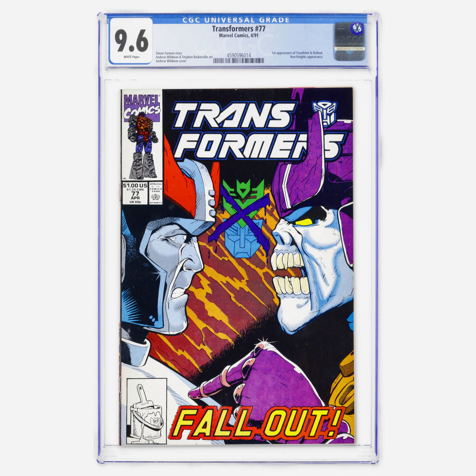 Marvel Comics Transformers #77 CGC 9.6: Marvel Comics Transformers #77 CGC 9.6 USA, 1991 Features the first appearance of Treadshot and Rollout and a Neo-Knights appearance. Written by Simon Furman with Andrew Wildman cover and art. 