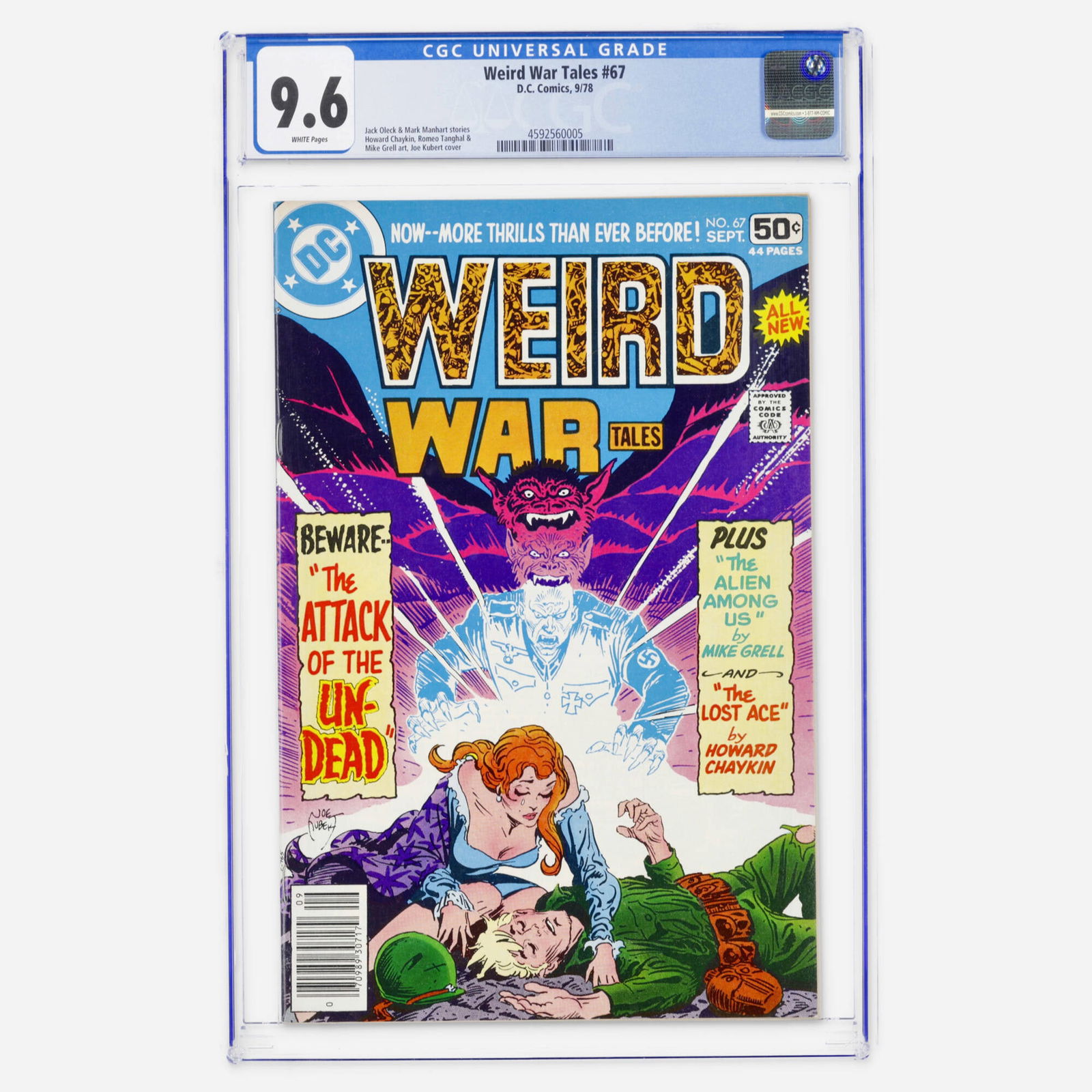 DC Comics Weird War Tales #67 CGC 9.6: DC Comics Weird War Tales #67 CGC 9.6 USA, 1978 Issue is notable for art by Howard Chaykin and Mike Grell with a Joe Kubert cover. CGC#: 4592560005 Population: 8 in 9.6, 9 highe
