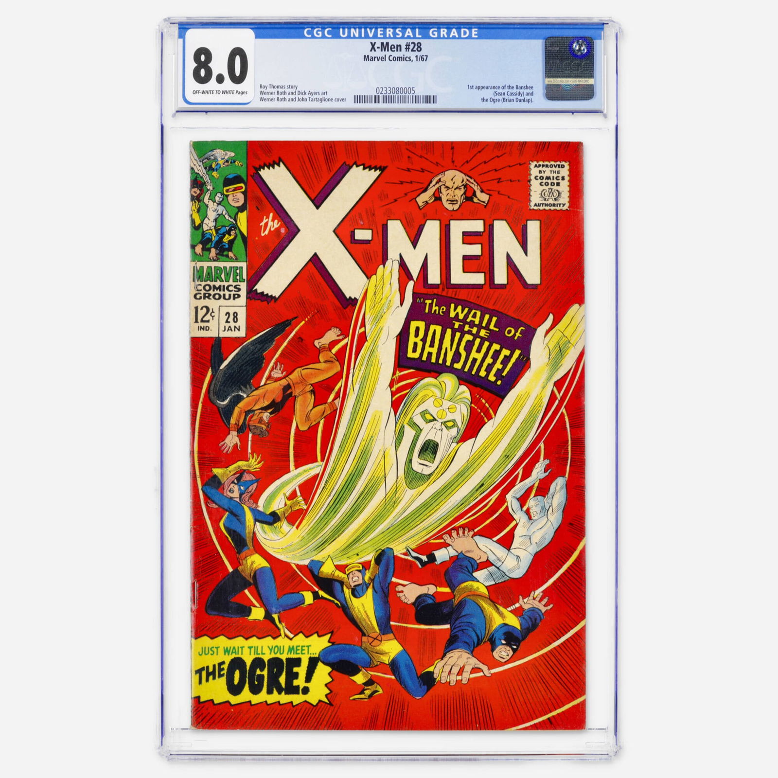 Marvel Comics X-Men #28 CGC 8.0: Marvel Comics X-Men #28 CGC 8.0 USA, 1967 A Silver Age debut featuring the first appearance of the Banshee (Sean Cassidy) and the Ogre (Brian Dunlap). Roy Thomas handles the script while Werner Roth a