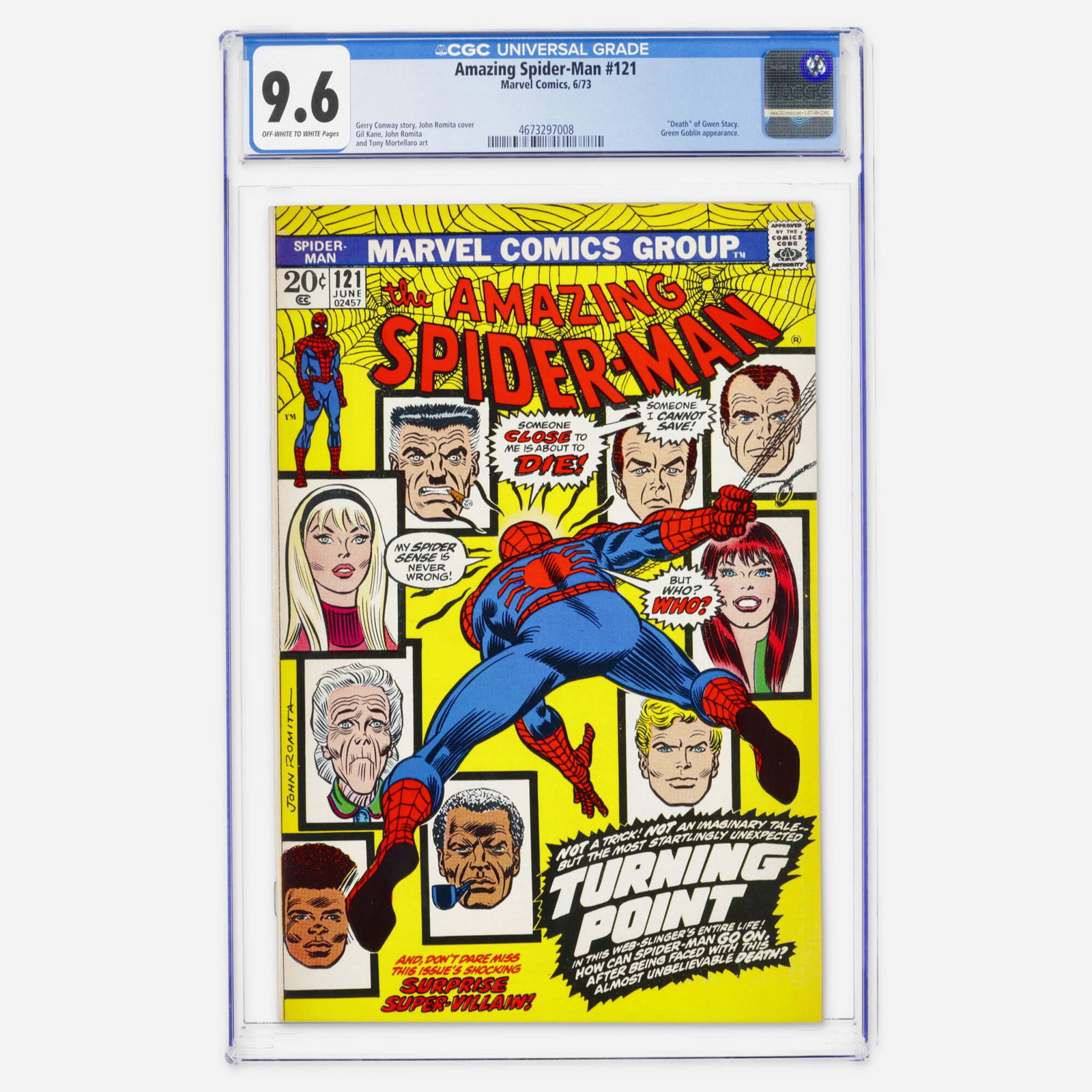 Marvel Comics Amazing Spider-Man #121 CGC 9.6: Marvel Comics Amazing Spider-Man #121 CGC 9.6 USA, 1973 A monumental Bronze Age key featuring the death of Gwen Stacy and a major appearance by the Green Goblin. Issue is written by Gerry Conway with