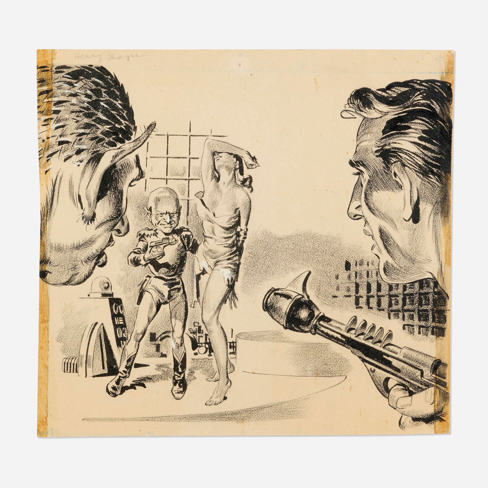 Henry Enoch Sharp, Amazing Stories #31 Story Page 86 and 87 Original Art: Henry Enoch Sharp Amazing Stories #31 Story Page 86 and 87 Original Art (Ziff-Davis Publishing Company, 1957) pencil and ink on Bristol board 10 h x 10.75 w in (25 x 27 cm) Story illustration that s