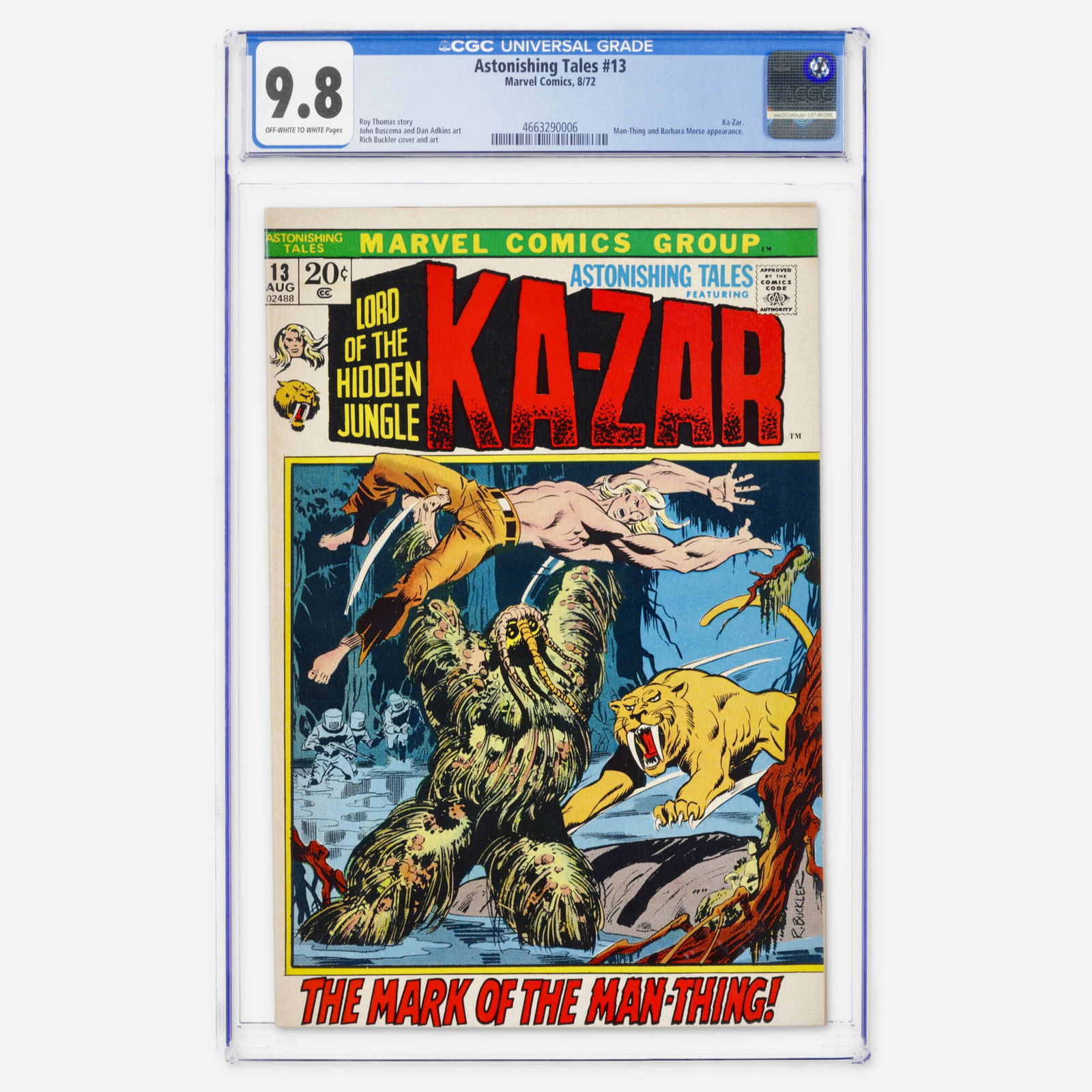 Marvel Comics Astonishing Tales #13 CGC 9.8: Marvel Comics Astonishing Tales #13 CGC 9.8 USA, 1972 This Bronze Age book features Ka-Zar, with appearances by Man-Thing and Barbara Morse. With a story by Roy Thomas and art by John Buscema, Dan