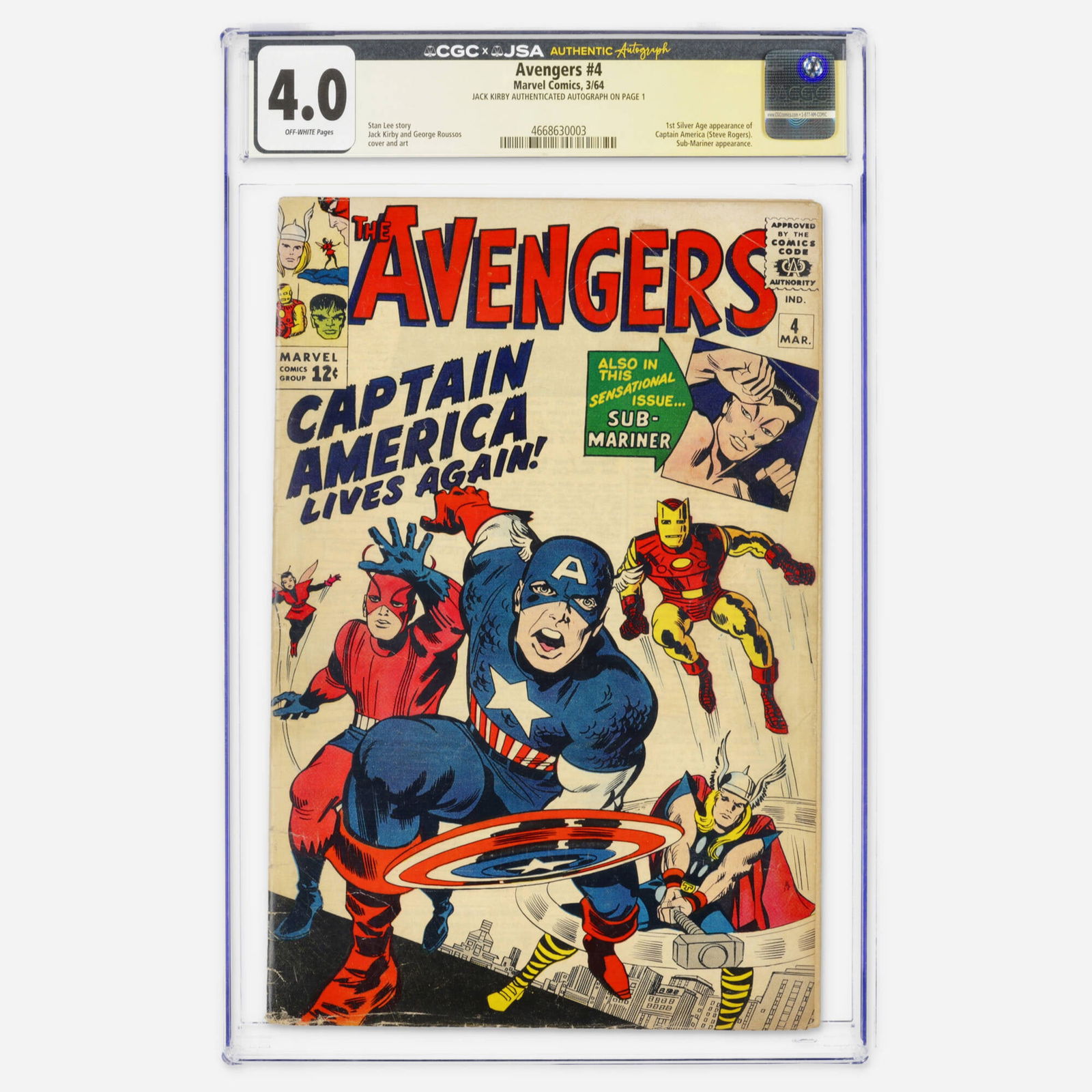 Marvel Comics Avengers #4 CGC 4.0 JSA Jack Kirby (1 of 2)