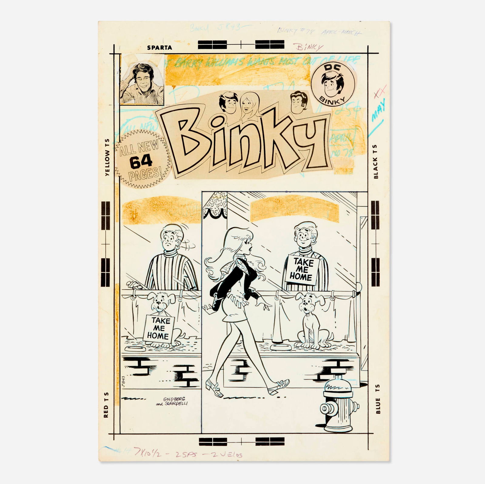 Stan Goldberg and Henry Scarpelli, Binky #78 Cover Original Art (DC Comics, 1970): Stan Goldberg and Henry Scarpelli Binky #78 Cover Original Art (DC Comics, 1970) pencil and ink on Bristol board 17.5 h x 11.5 w in (44 x 29 cm) Art features Peggy Baxter and Binky. C