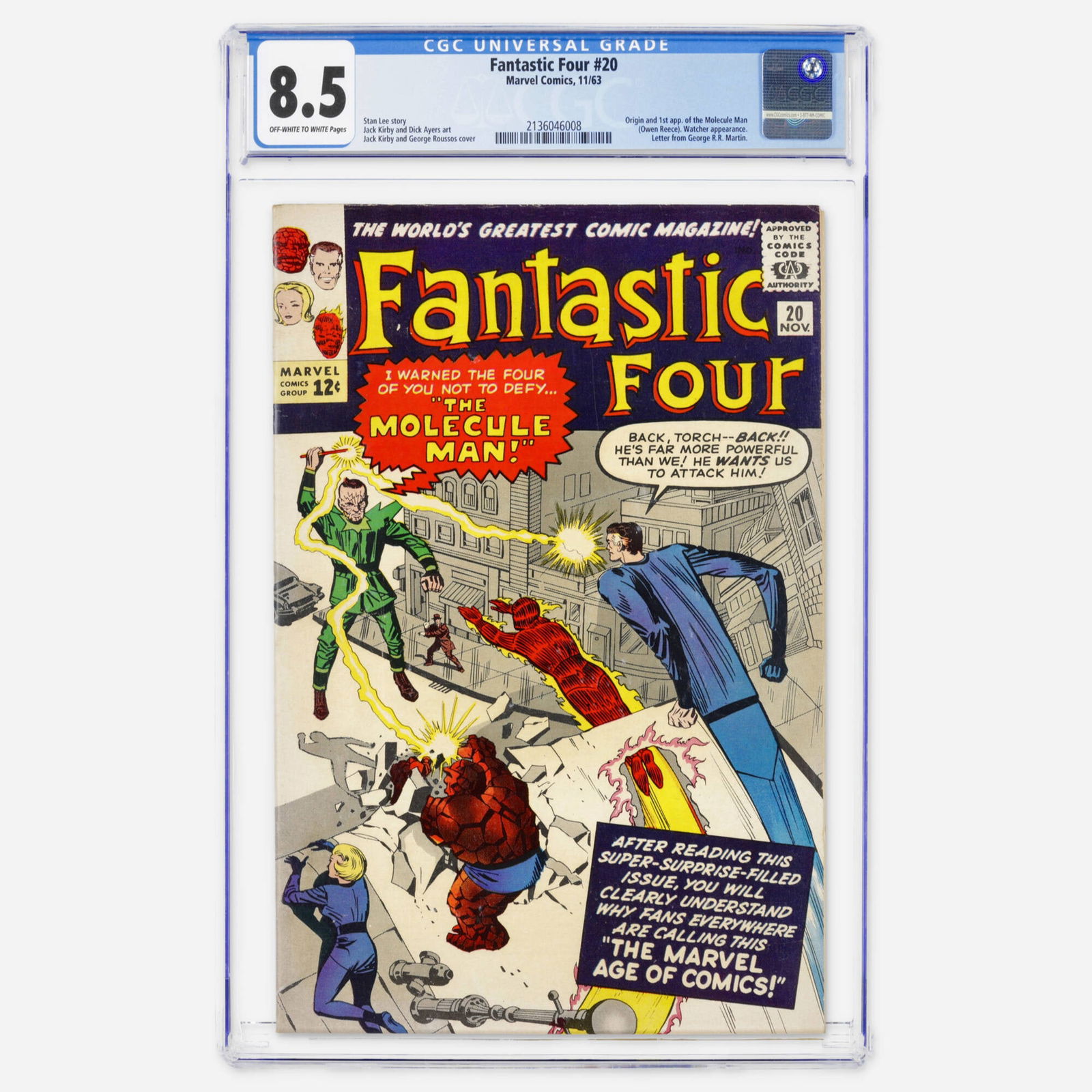 Marvel Comics Fantastic Four #20 CGC 8.5: Marvel Comics Fantastic Four #20 CGC 8.5 USA, 1963 This Silver Age key issue features the origin and first appearance of the Molecule Man (Owen Reece), a Watcher appearance, and famously includes a le
