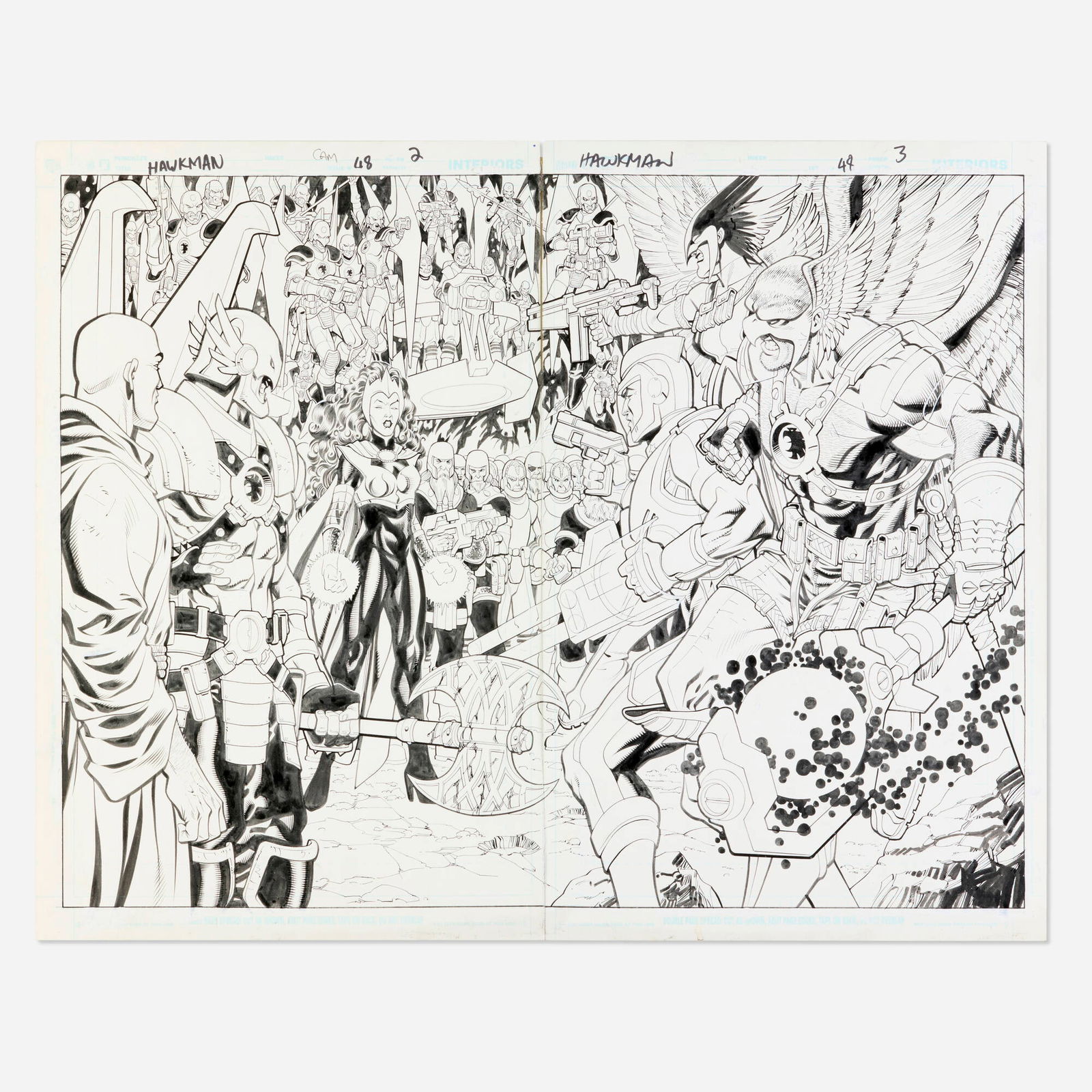 Chris Batista and Cam Smith, Hawkman #48 Story Pages 2 and 3 Original Art (DC Comics, 2006): Chris Batista and Cam Smith Hawkman #48 Story Pages 2 and 3 Original Art (DC Comics, 2006) pencil and ink on Bristol board 17 h x 21 w in (43 x 53 cm) Condition Notes: Art is in overall very good