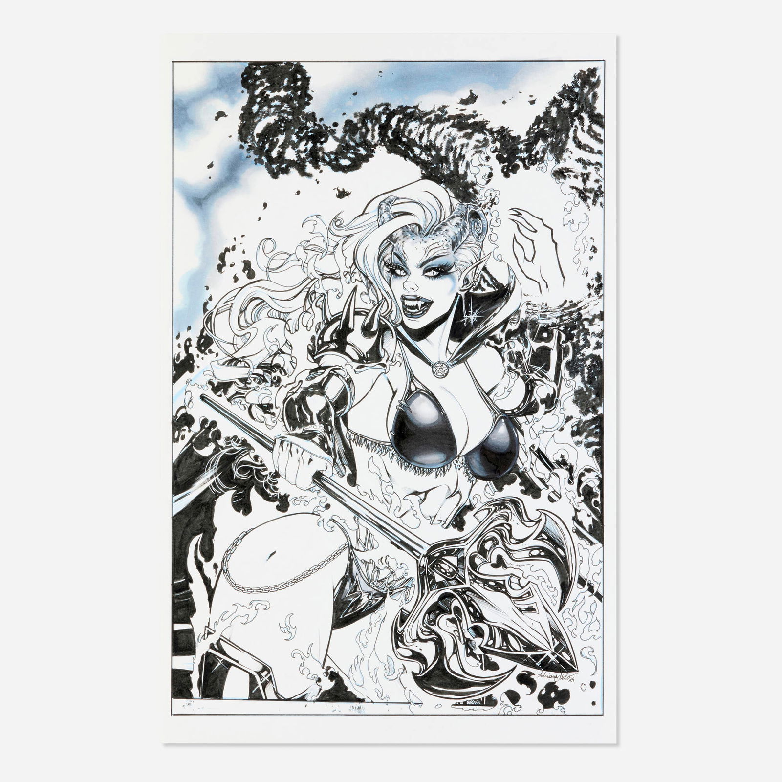 Adriana Melo, Lady Death: Eternal Sabbath #1 'Lady Satanus Hellified Edition' Variant Cover: Adriana Melo Lady Death: Eternal Sabbath #1 'Lady Satanus Hellified Edition' Variant Cover (Coffin Comics, 2025) blueline pencils and original inks 17 h x 11 w in (43 x 28 cm) Variant cover called t