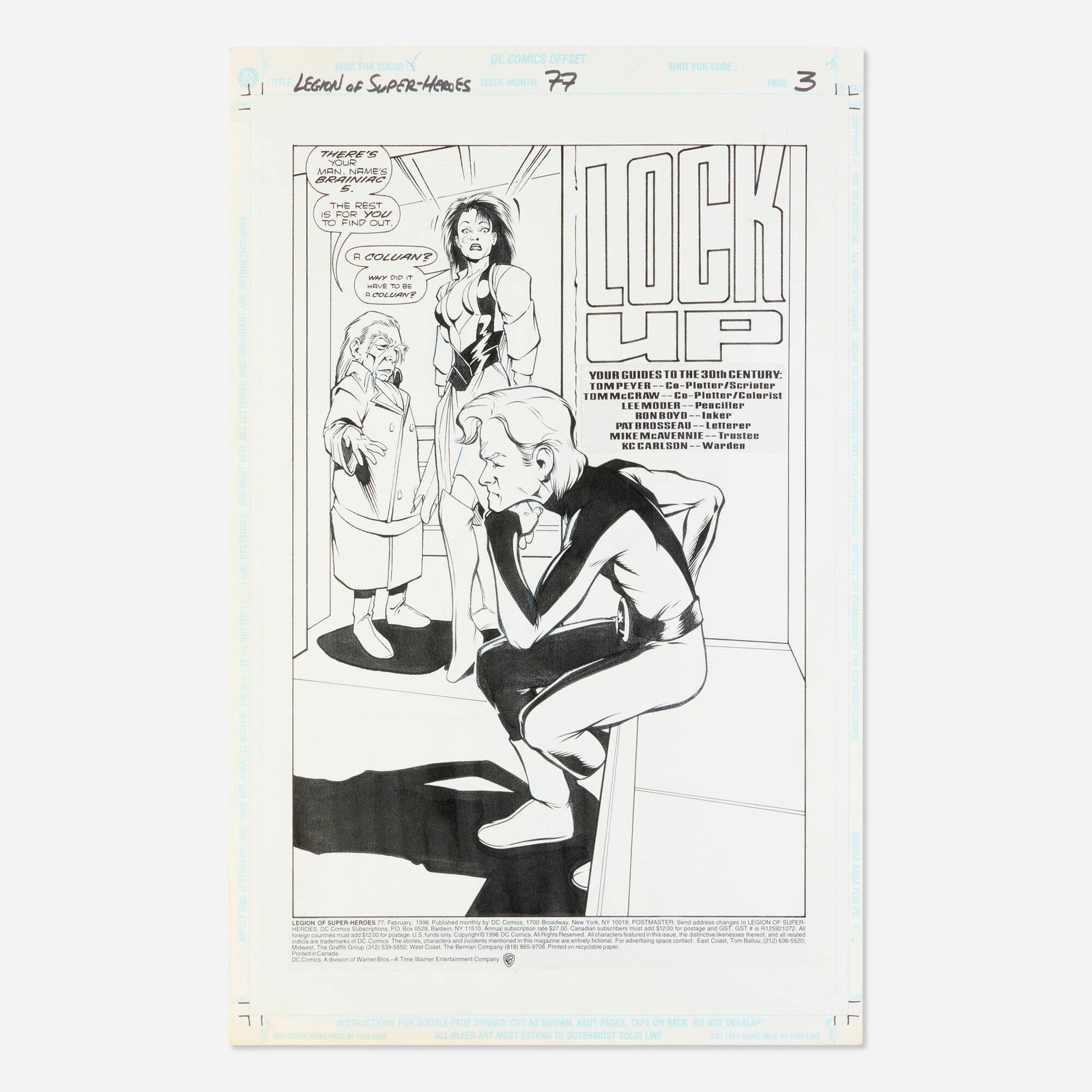 Lee Moder and Ron Boyd, Legion of Super-Heroes #77 Story Page 3 Original Art (DC Comics, 1996): Lee Moder and Ron Boyd Legion of Super-Heroes #77 Story Page 3 Original Art (DC Comics, 1996) pencil and ink on Bristol board, word balloons inked directly on board 17 h x 11 w in (43 x 28 cm) Page