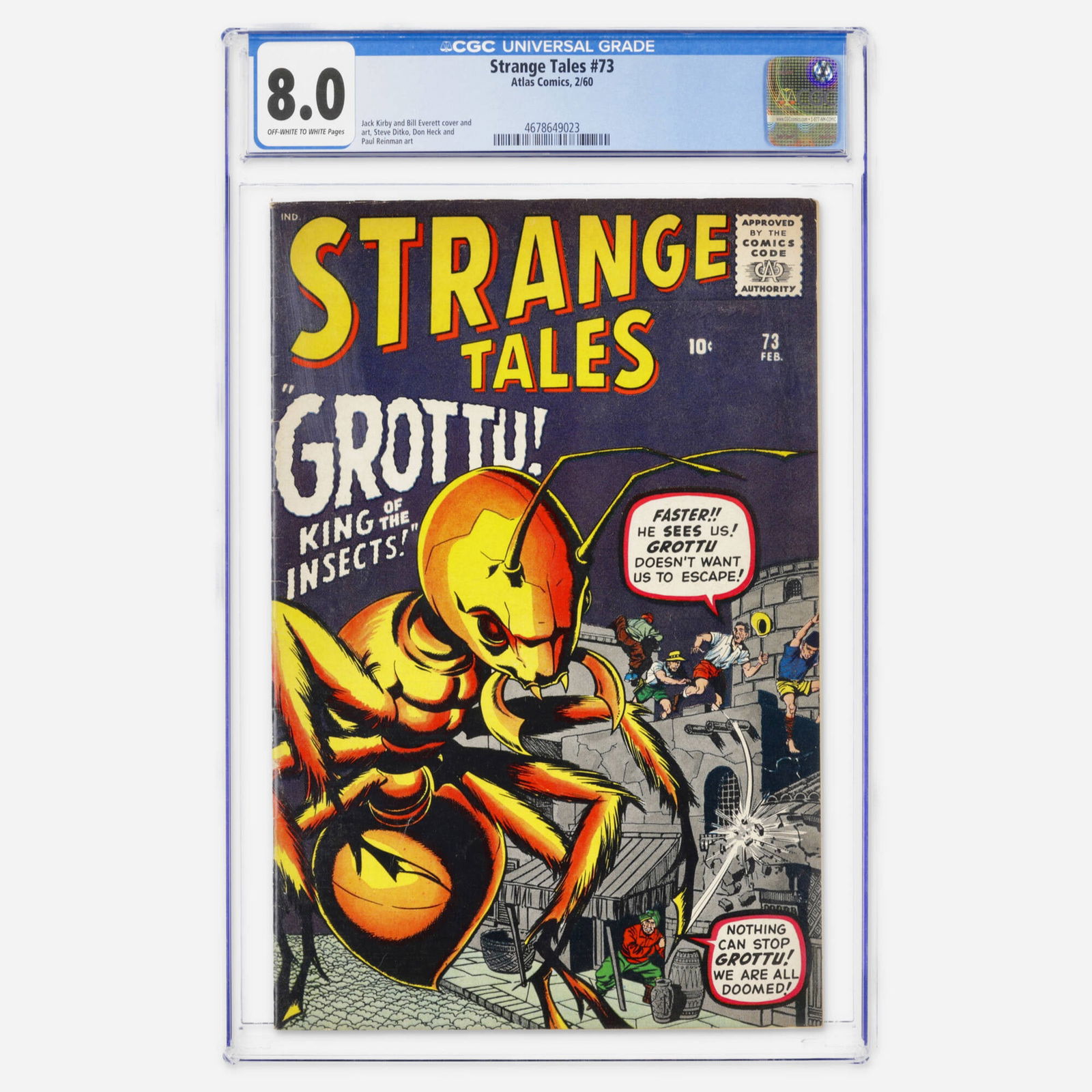 Atlas Comics Strange Tales #73 CGC 8.0: Atlas Comics Strange Tales #73 CGC 8.0 USA, 1960 The issue is featuring an early Silver Age cover by Jack Kirby and Bill Everett, with interior art by Steve Ditko and Don Heck. CGC#: 4678649023