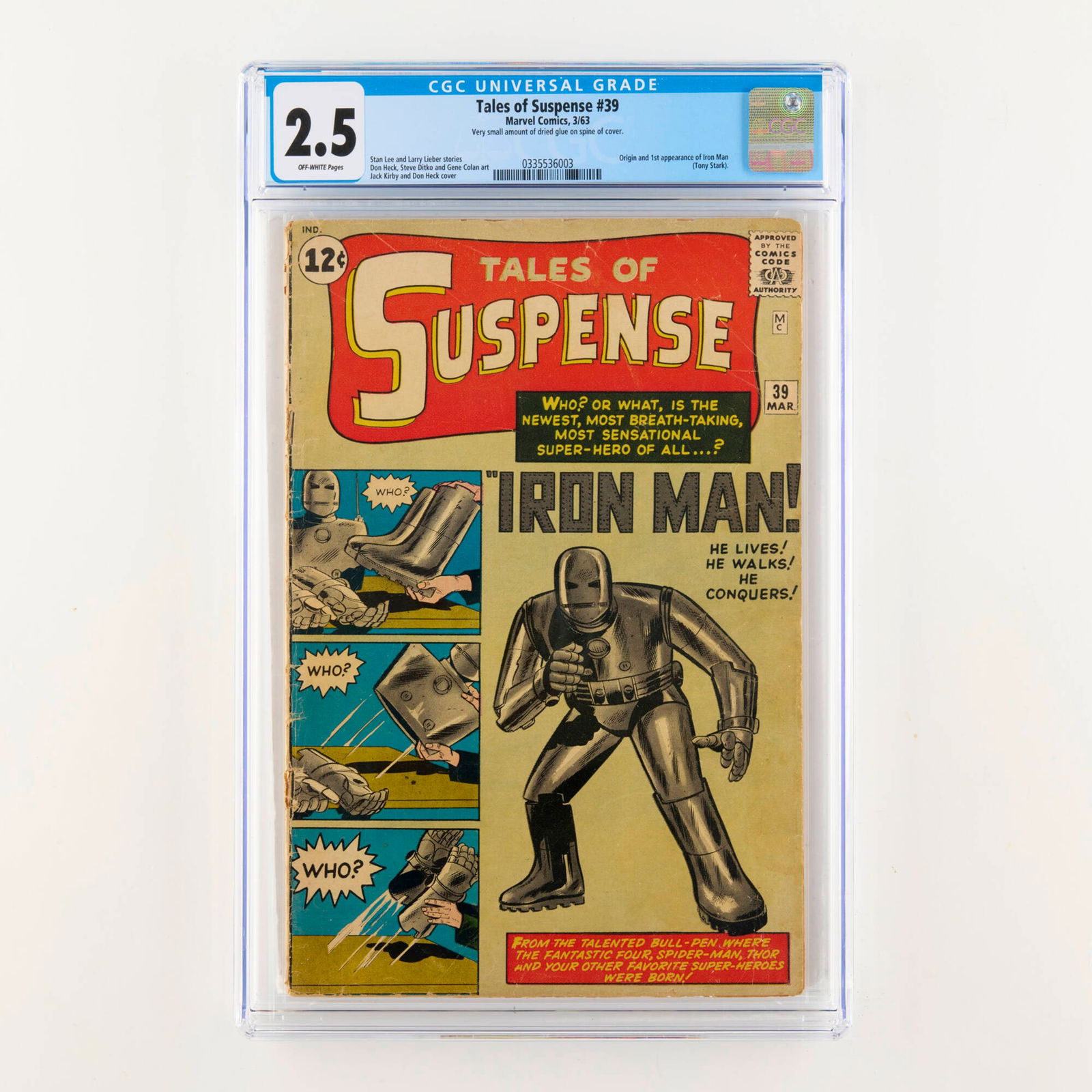 Marvel Comics Tales of Suspense #39 CGC 2.5: Marvel Comics Tales of Suspense #39 CGC 2.5 USA, 1963 This issue features the first appearance and origin of Iron Man (Tony Stark), with stories by Stan Lee and Larry Lieber, art by Don Heck,