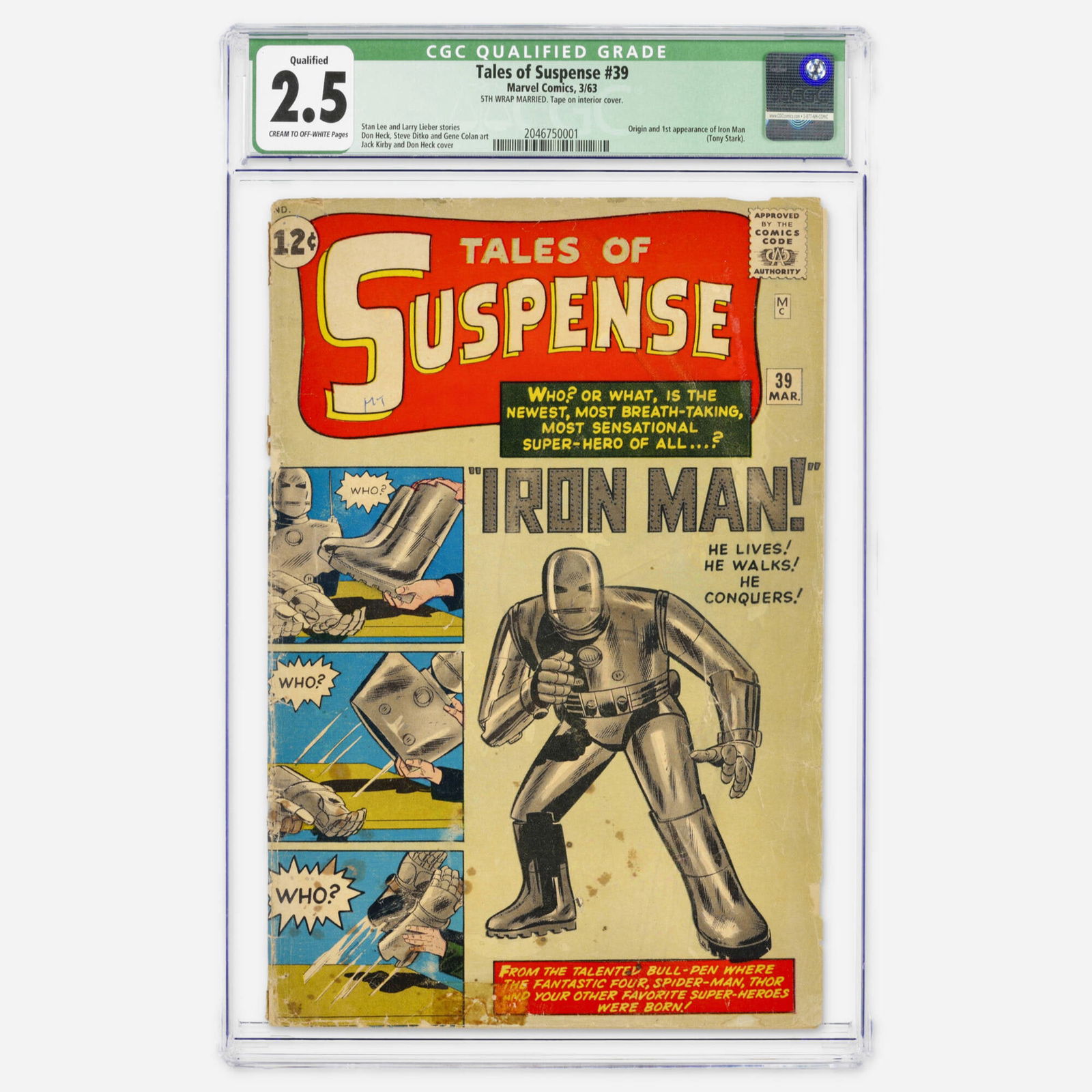 Marvel Comics Tales of Suspense #39 CGC 2.5 Qualified: Marvel Comics Tales of Suspense #39 CGC 2.5 Qualified USA, 1963 The iconic Silver Age key marking the origin and first appearance of Iron Man (Tony Stark), with story by Stan Lee and Larry Lieber,