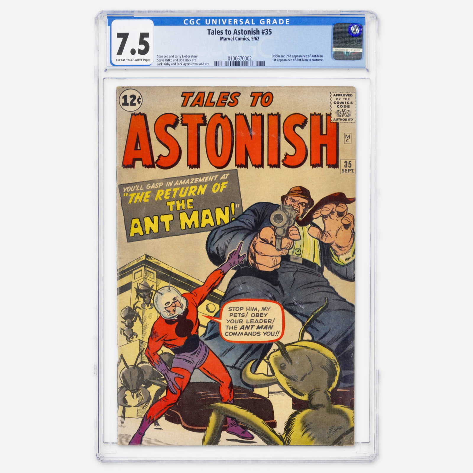 Marvel Comics Tales to Astonish #35 CGC 7.5: Marvel Comics Tales to Astonish #35 CGC 7.5 USA, 1962 This Silver Age key marks the origin and second appearance of Ant-Man, and is the first appearance of Ant-Man in costume. The art is by Steve