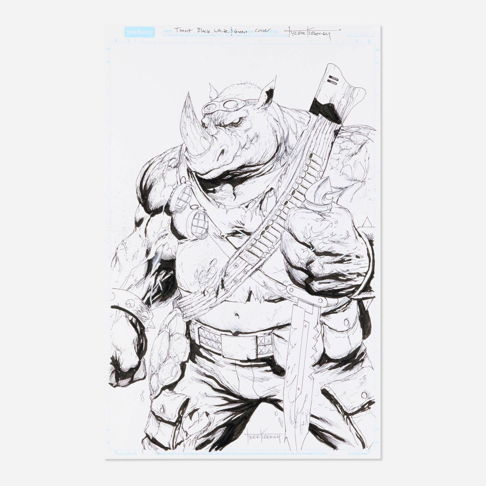 Tyler Kirkham, Teenage Mutant Ninja Turtles: Black White Green #1 Rocksteady Variant Cover Art: Tyler Kirkham Teenage Mutant Ninja Turtles: Black, White, and Green #1 Rocksteady Variant Cover Original Art (SMZ Comics/IDW, 2024) pencil and ink on Bristol board 17 h x 11 w in (43 x 28 cm) 
