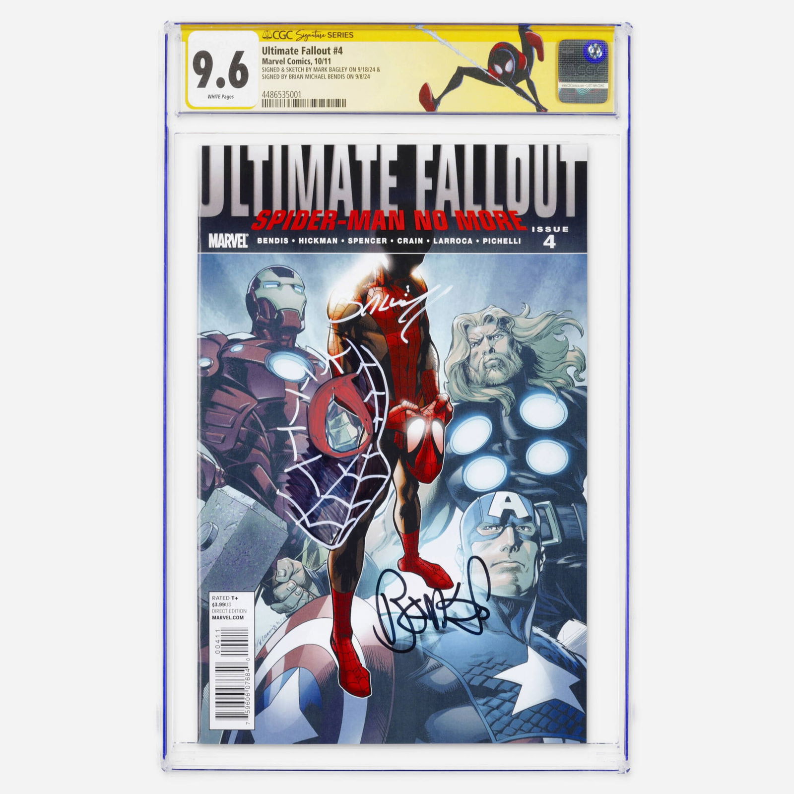 Marvel Comics Ultimate Fallout #4 CGC 9.6 Signature Series Mark Bagley and Brian Michael Bendis: Marvel Comics Ultimate Fallout #4 CGC 9.6 Signature Series Mark Bagley and Brian Michael Bendis USA, 2011 A Modern Age key featuring the first appearance of the new Spider-Man (Miles Morales), with au