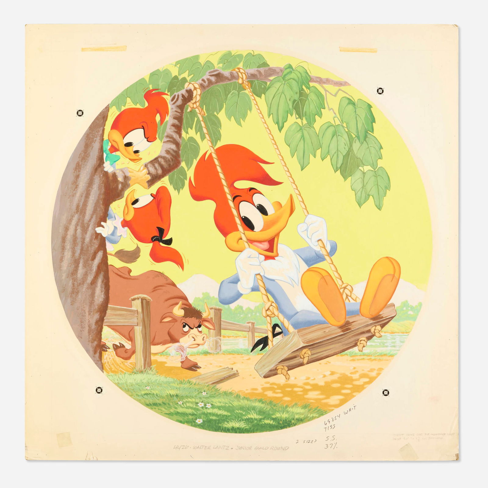 Walter Lantz, Woody Woodpecker Bull Swing Jigsaw Puzzle Original Box Art (Whitman, 1977): Walter Lantz Woody Woodpecker Bull Swing Jigsaw Puzzle Original Box Art (Whitman, 1977) 1977mixed media 23.813 h x 23.938 w in (60 x 61 cm) Original painting used for the Whitman Junior Guild