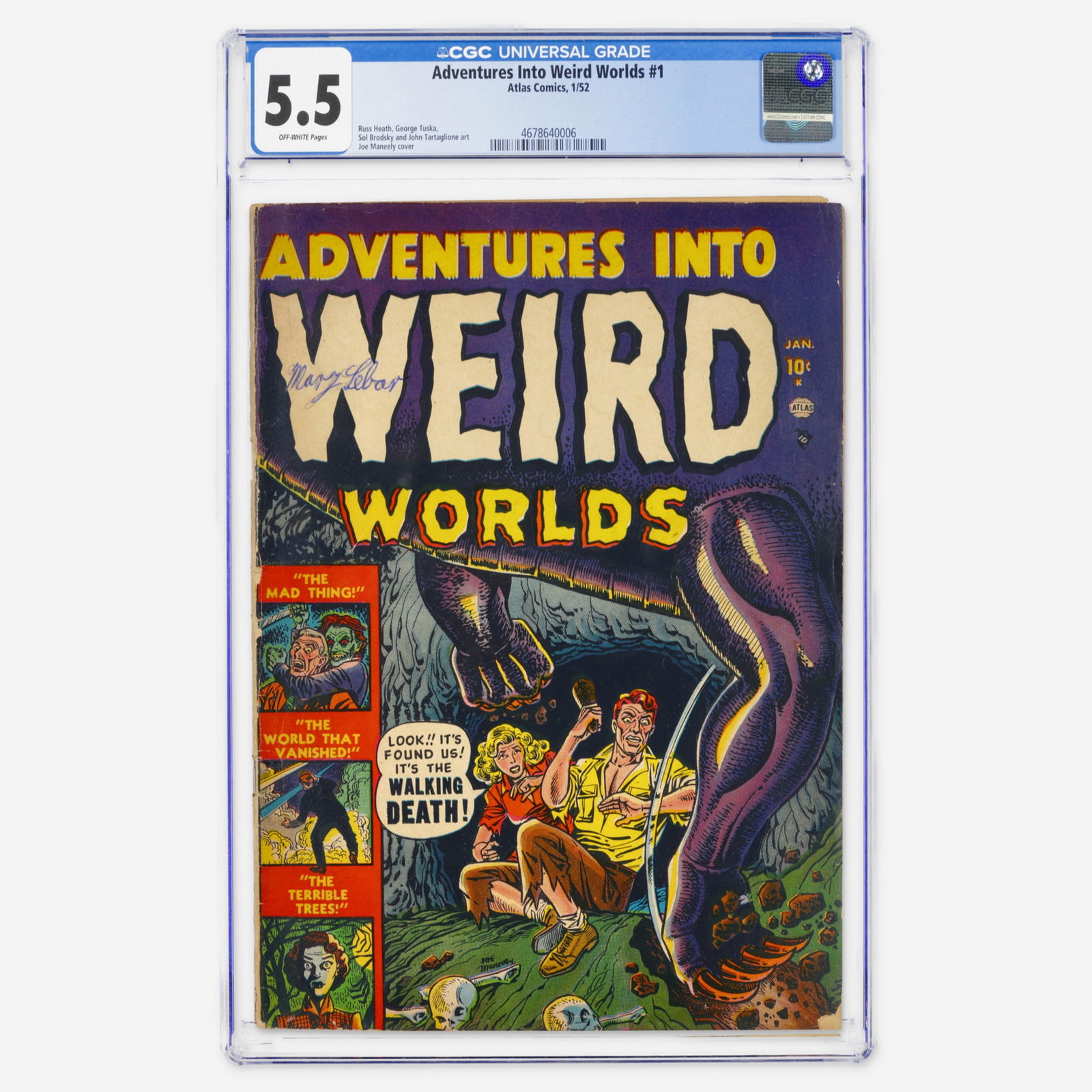 Atlas Comics Adventures Into Weird Worlds #1 CGC 5.5: Atlas Comics Adventures Into Weird Worlds #1 CGC 5.5 USA, 1952 A premier Golden Age anthology title from the Atlas era, featuring a striking cover by Joe Maneely. Interior art is provided by industry