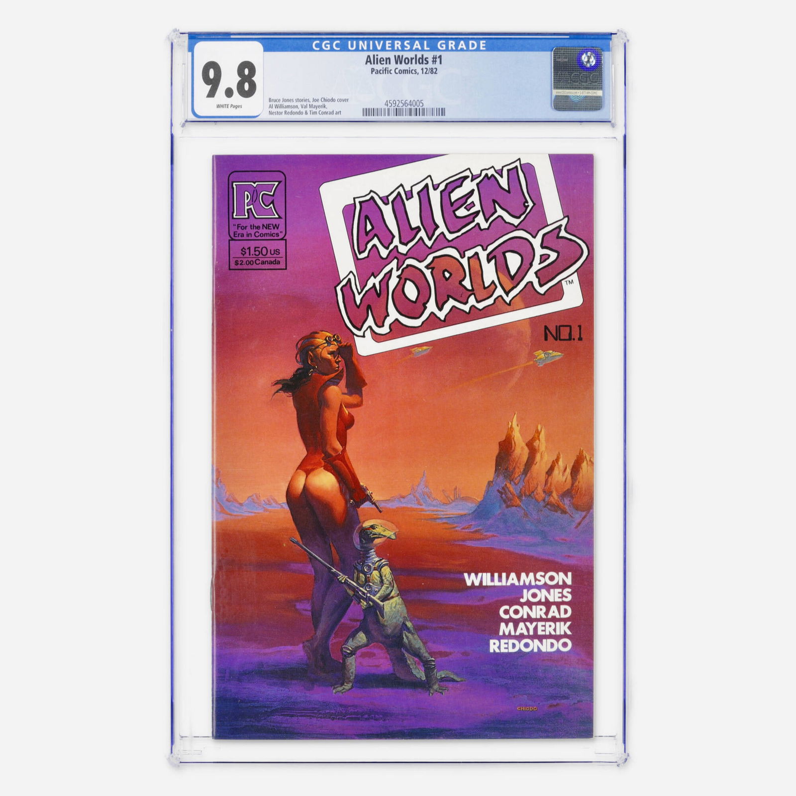 Pacific Comics Alien Worlds #1 CGC 9.8: Pacific Comics Alien Worlds #1 CGC 9.8 USA, 1982 This Bronze Age anthology is a masterpiece of independent publishing, featuring stories by Bruce Jones and a cover by Joe Chiodo. This copy