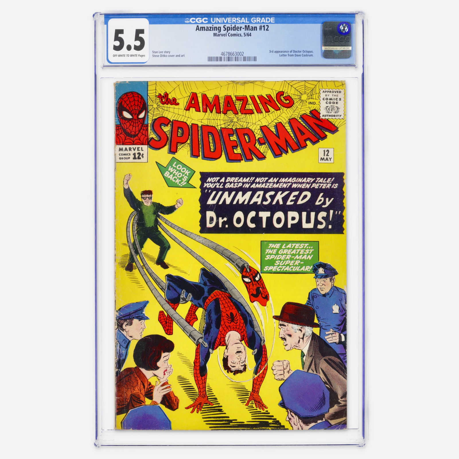 Marvel Comics Amazing Spider-Man #12 CGC 5.5: Marvel Comics Amazing Spider-Man #12 CGC 5.5 USA, 1964 A cornerstone Silver Age issue featuring the third appearance of Doctor Octopus. Written by Stan Lee with art and cover by the legendary