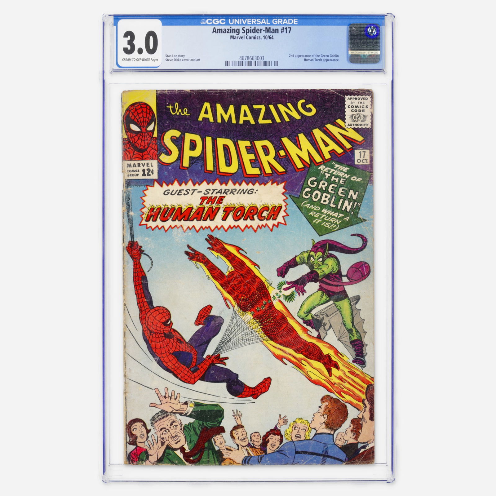 Marvel Comics Amazing Spider-Man #17 CGC 3.0: Marvel Comics Amazing Spider-Man #17 CGC 3.0 USA, 1964 In this Silver Age classic, Spidey faces the second appearance of the Green Goblin. The Stan Lee and Steve Ditko collaboration also features
