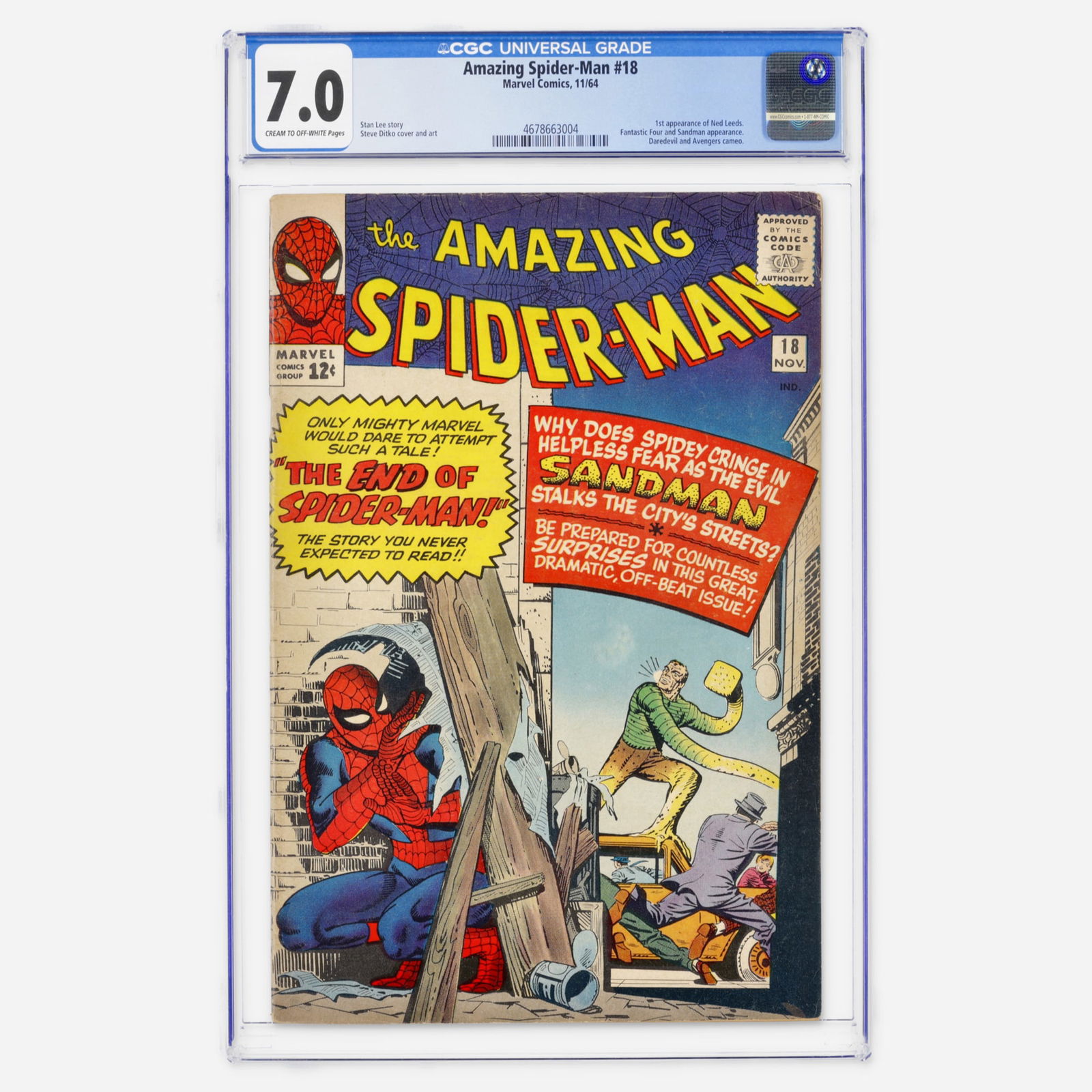 Marvel Comics Amazing Spider-Man #18 CGC 7.0: Marvel Comics Amazing Spider-Man #18 CGC 7.0 USA, 1964 A vital Silver Age key containing the first appearance of Ned Leeds. The story by Stan Lee and Steve Ditko includes appearances by the Fantastic