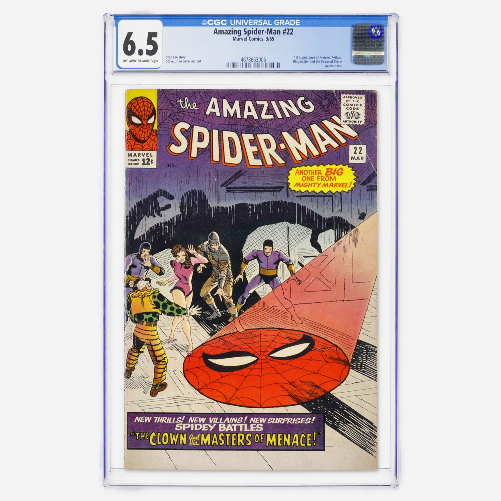 Marvel Comics Amazing Spider-Man #22 CGC 6.5: Marvel Comics Amazing Spider-Man #22 CGC 6.5 USA, 1965 This Silver Age issue introduces the first appearance of Princess Python and the Circus of Crime. The iconic creative duo of Lee and Ditko