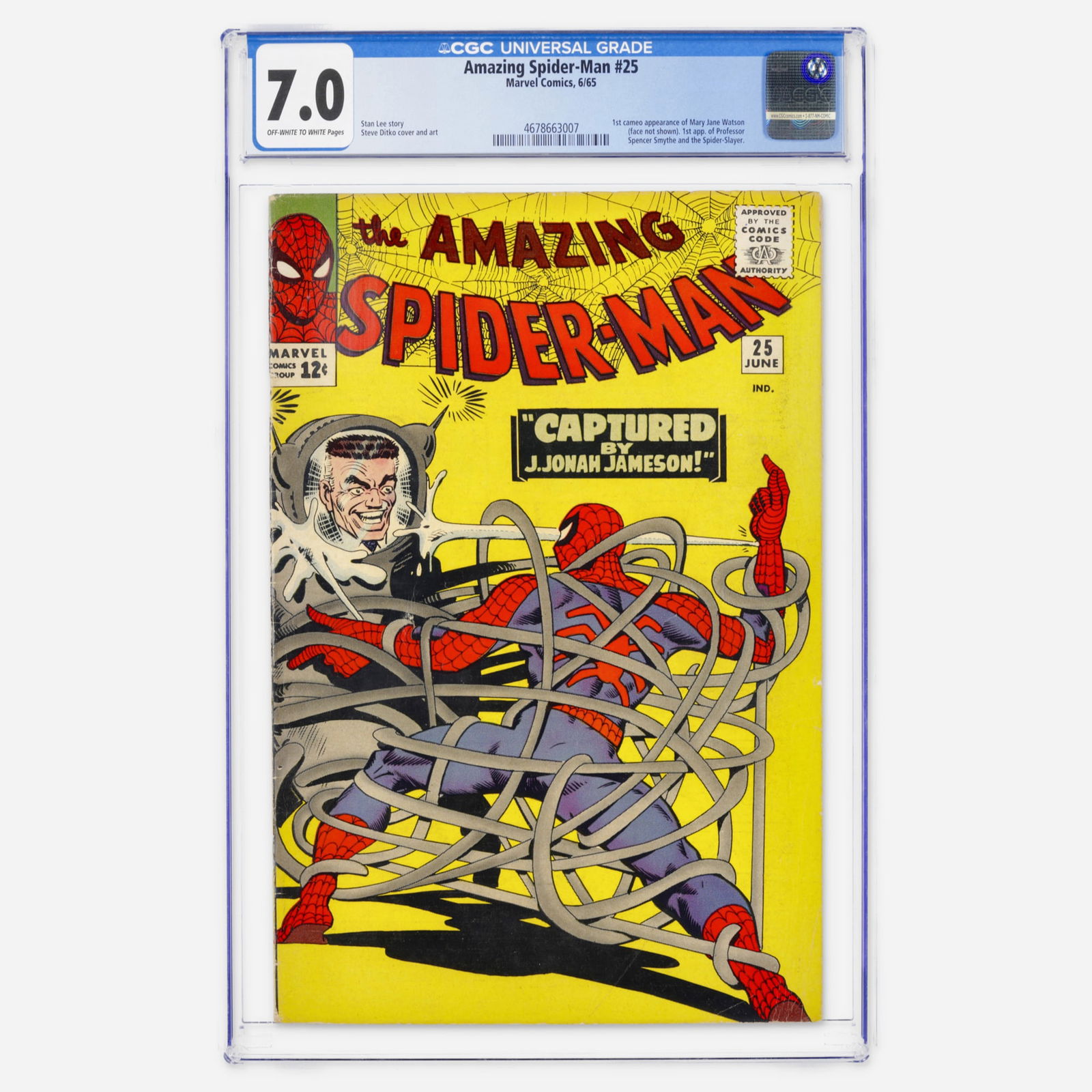 Marvel Comics Amazing Spider-Man #25 CGC 7.0: Marvel Comics Amazing Spider-Man #25 CGC 7.0 USA, 1965 A massive Silver Age key featuring the first cameo appearance of Mary Jane Watson and the first appearance of the Spider-Slayer. Stan Lee and